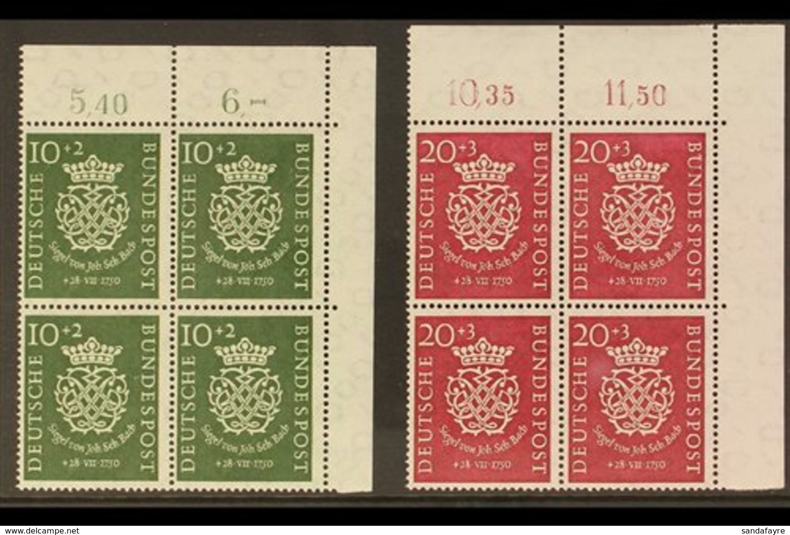 1950 Bach Bicentenary Complete Set, Michel 121/122 Or SG 1043/1044, As Superb Never Hinged Mint Top Right Corner BLOCKS  - Sonstige & Ohne Zuordnung