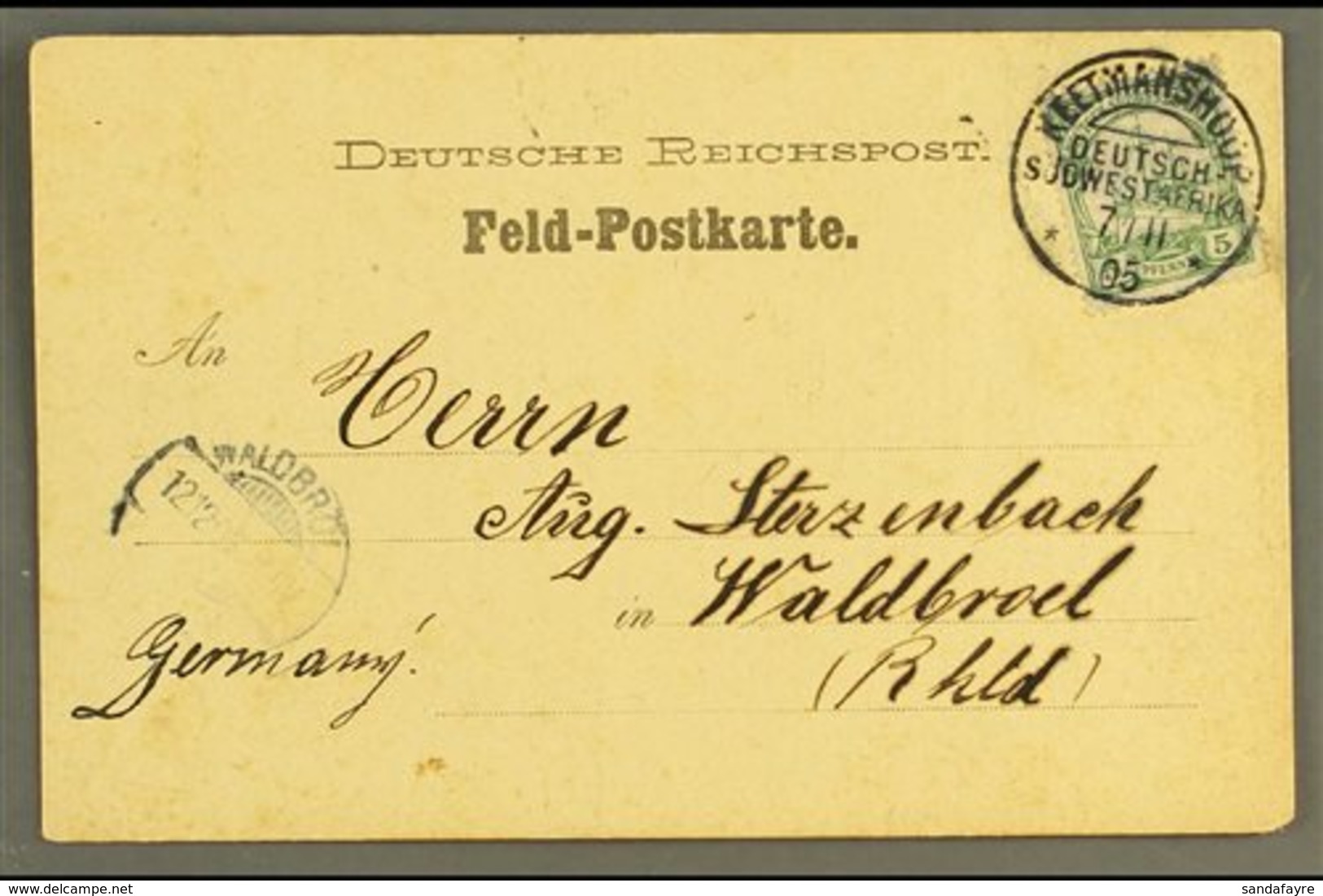 SOUTH WEST AFRICA 1905 (7 Nov)  "Feld - Postkarte" To Germany Bearing 5pf Yacht Tied By Fine "KEETMANSHOOP" Cds Cancel,  - Sonstige & Ohne Zuordnung