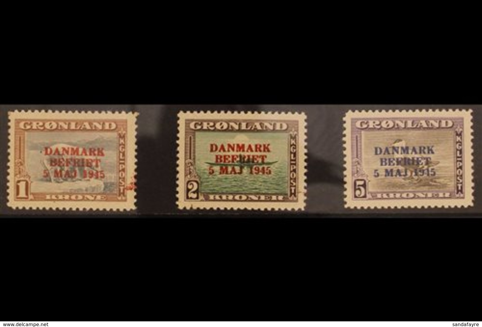 1945 1kr, 2kr, And 5kr  Pictorials Overprinted "DANMARK BEFRIET 5 MAJ 1945", SG 23/25 Or Michel 23/25, Never Hinged Mint - Autres & Non Classés