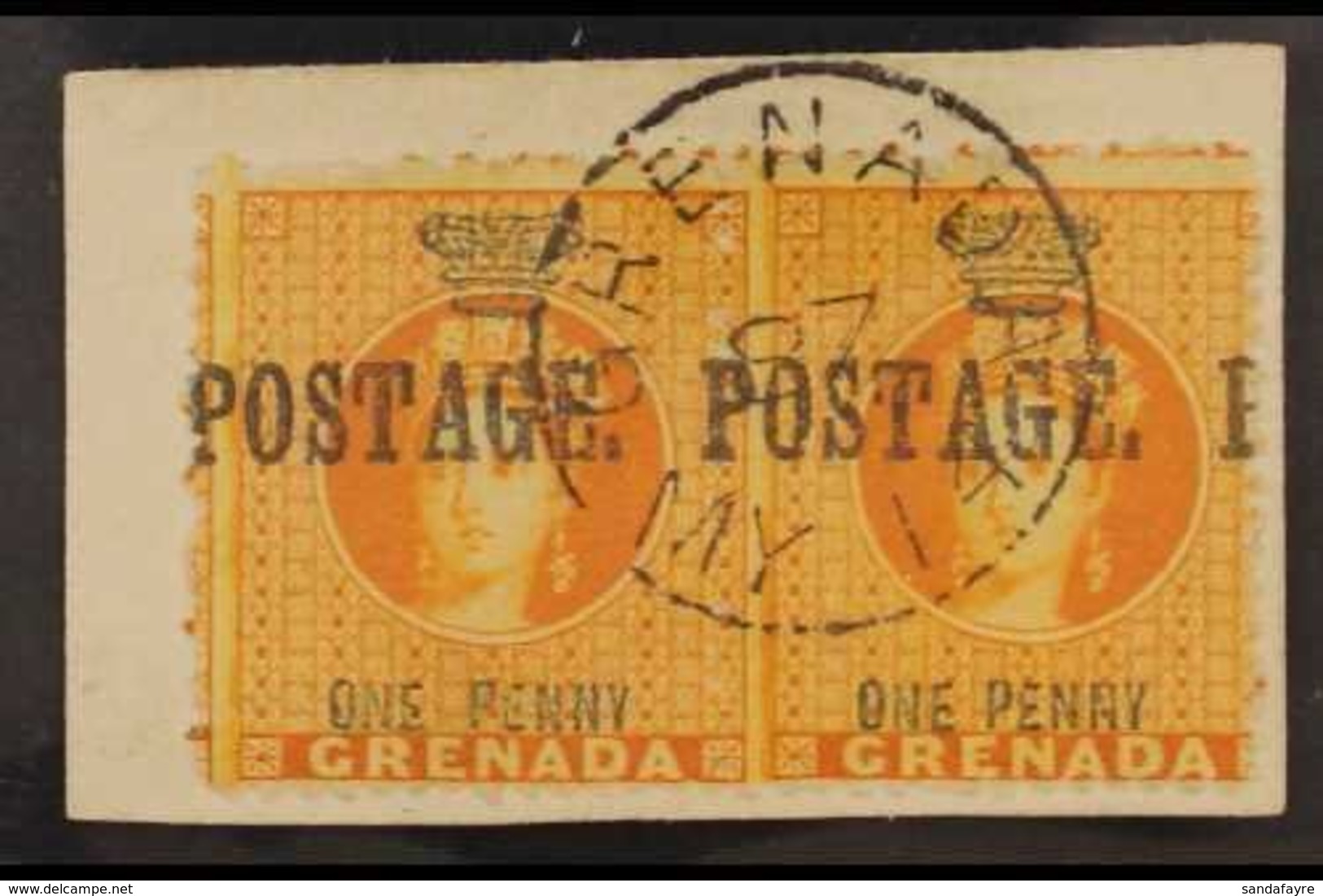 1883 1d Orange "POSTAGE" Overprint, SG 27, Superb Used Horizontal PAIR On Piece Tied By Full Crisp "Grenada" Fully Dated - Grenade (...-1974)