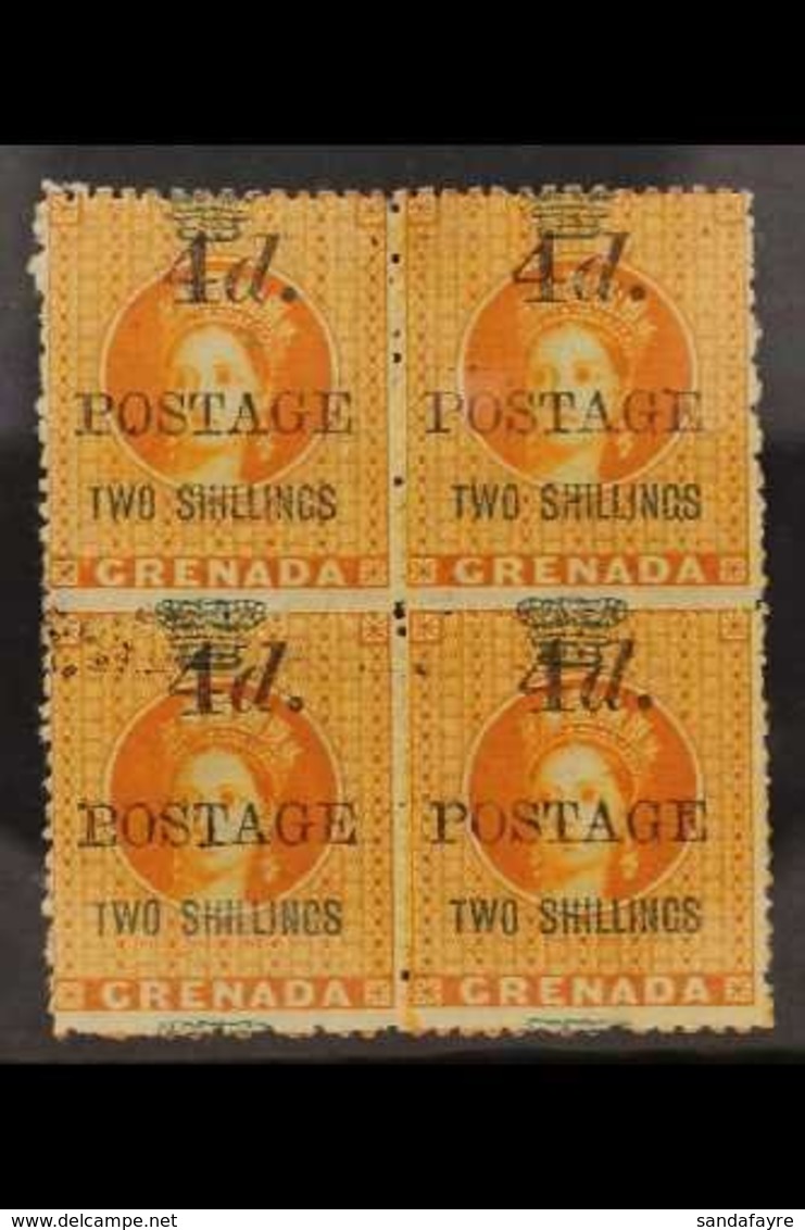 1888-92 4d On 2s Orange Surcharge 5mm Spacing, SG 42, Superb Mint BLOCK Of 4, The Lower Left Stamp Showing Dropped "T" O - Grenade (...-1974)