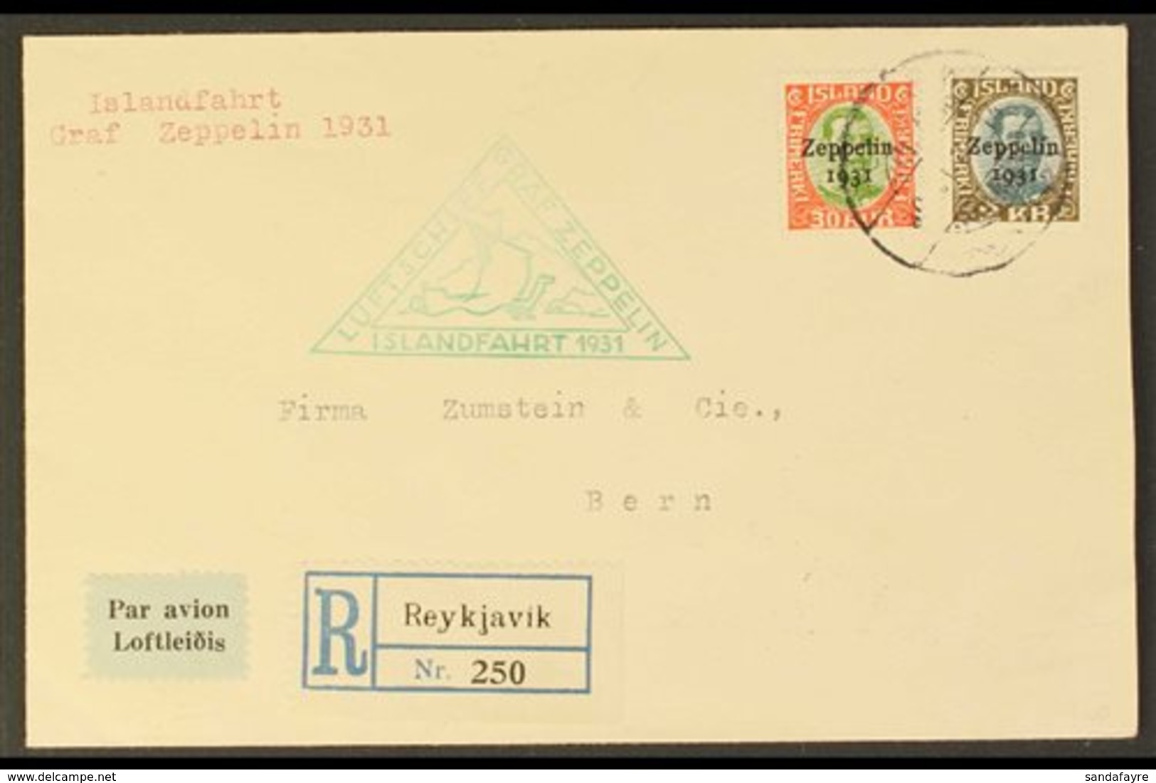 1931 30a And 2kr "Zeppelin" Overprints, Fac. 162, 164, On Registered Cover To Switzerland Tied By Reykjavik Cds With Gre - Sonstige & Ohne Zuordnung