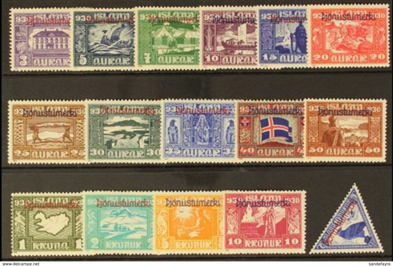 OFFICIALS 1930 Millenary Set Complete Including 10aur Airmail, Overprinted "Pjonustumerki", Facit Tj59/74, Very Lightly  - Autres & Non Classés