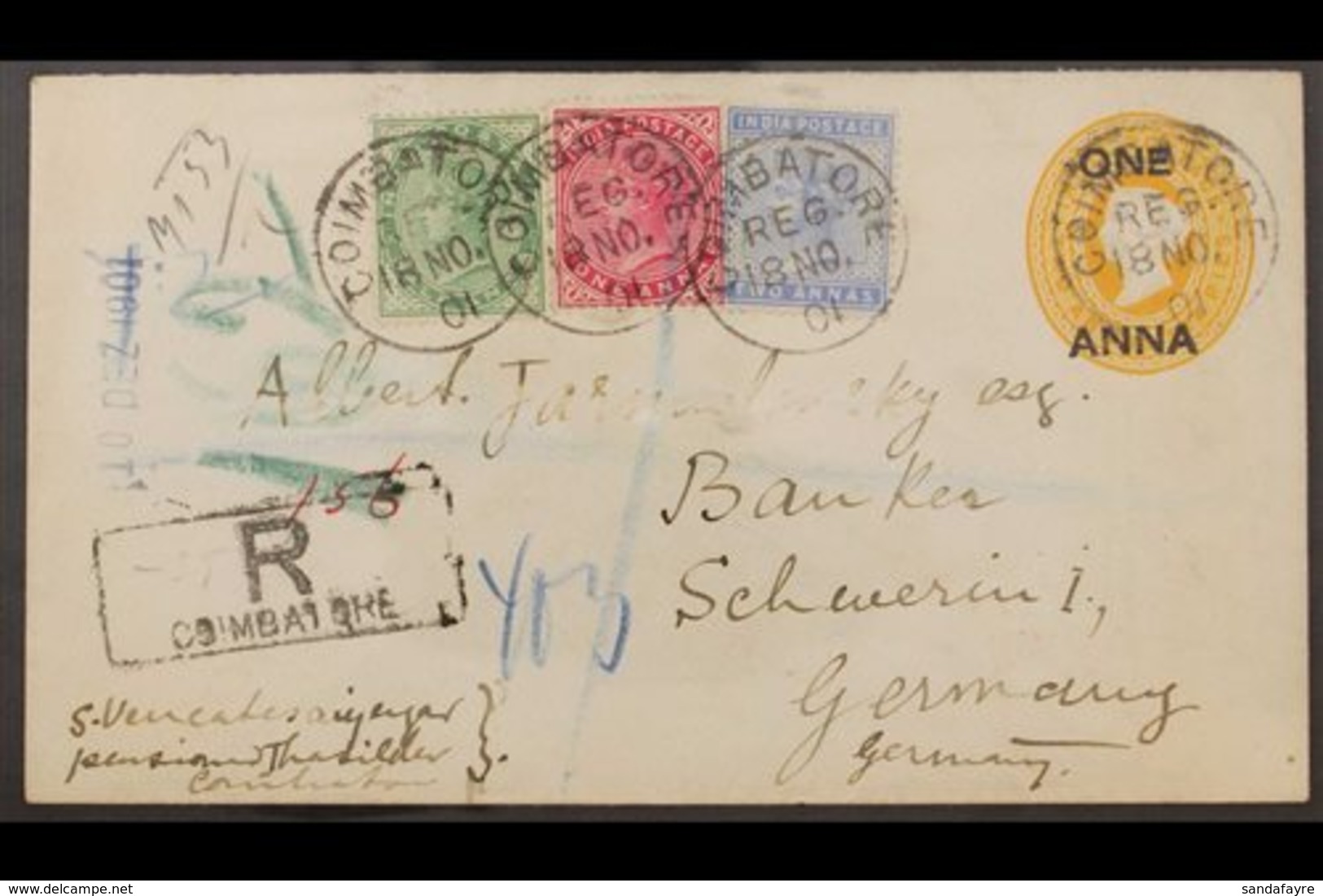 1901 (18 Nov) 1a On 2a6p Yellow Postal Stationery Envelope Addressed To Germany, Registered And Uprated With ½a, 1a & 2a - Autres & Non Classés