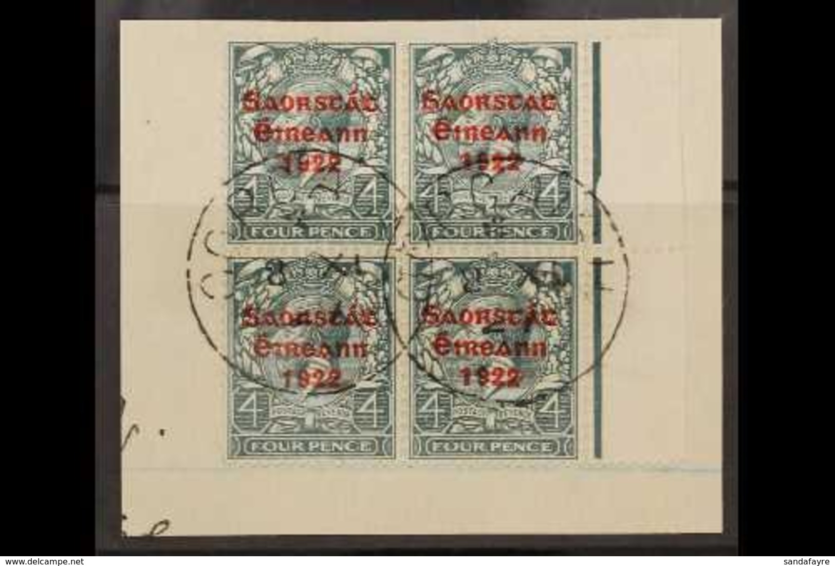 1922-23 4d Grey-green "Saorstat" Overprint, SG 58, Superb Cds Used Right Marginal BLOCK Of 4 On Piece With One Stamp Sho - Autres & Non Classés