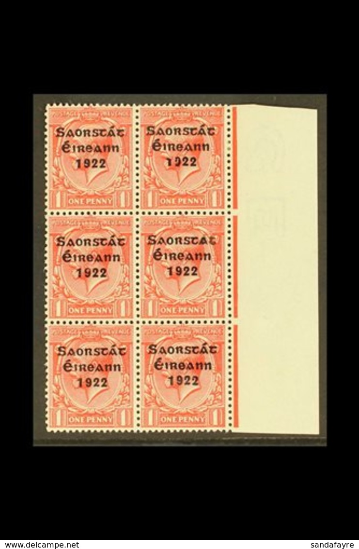 1922-3 1d Scarlet, Three Line Overprint, Right Marginal Block Of Six, One Showing Accent And "at" Inserted, SG 53d, Hibe - Sonstige & Ohne Zuordnung