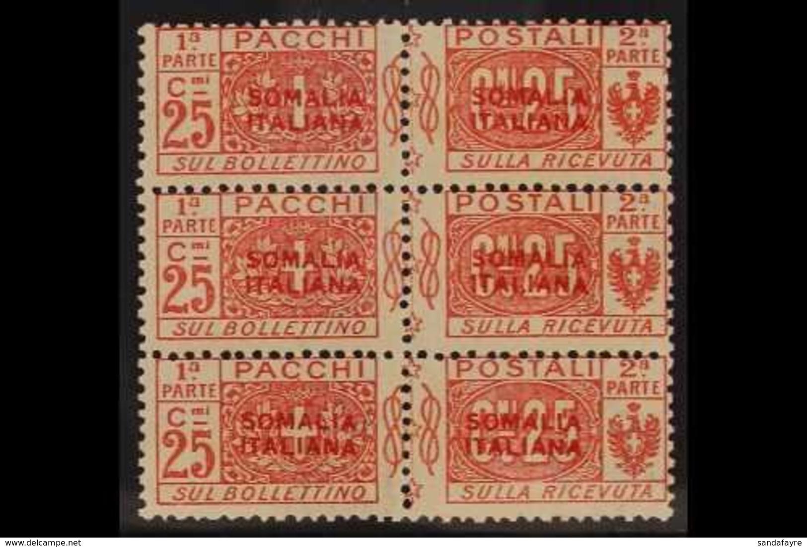 SOMALIA PARCEL POST 1926-31 25c Red Overprint (Sassone 33, SG P83), Never Hinged Mint BLOCK Of 6, Usual Patchy Gum, Fres - Autres & Non Classés