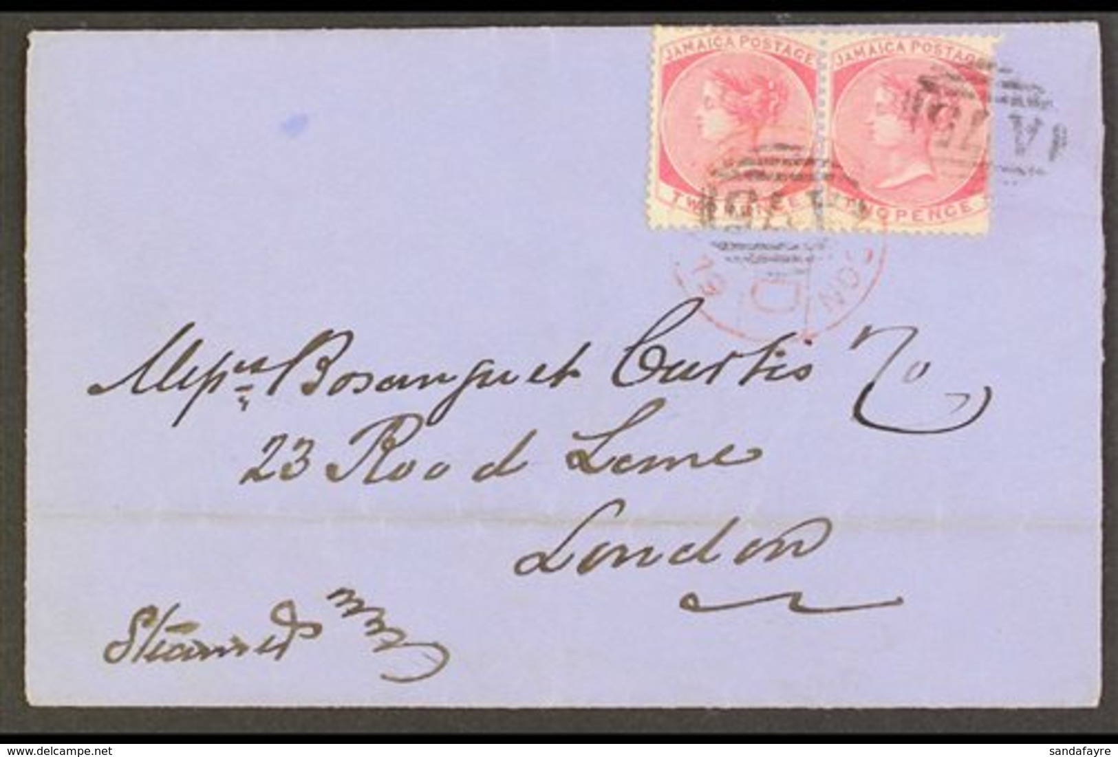1879 (May) Neat Outer Wrapper To London, Bearing 2d Pair Tied A75 Cancels, Savannah La Mar And Kingston Cds's On Reverse - Jamaïque (...-1961)
