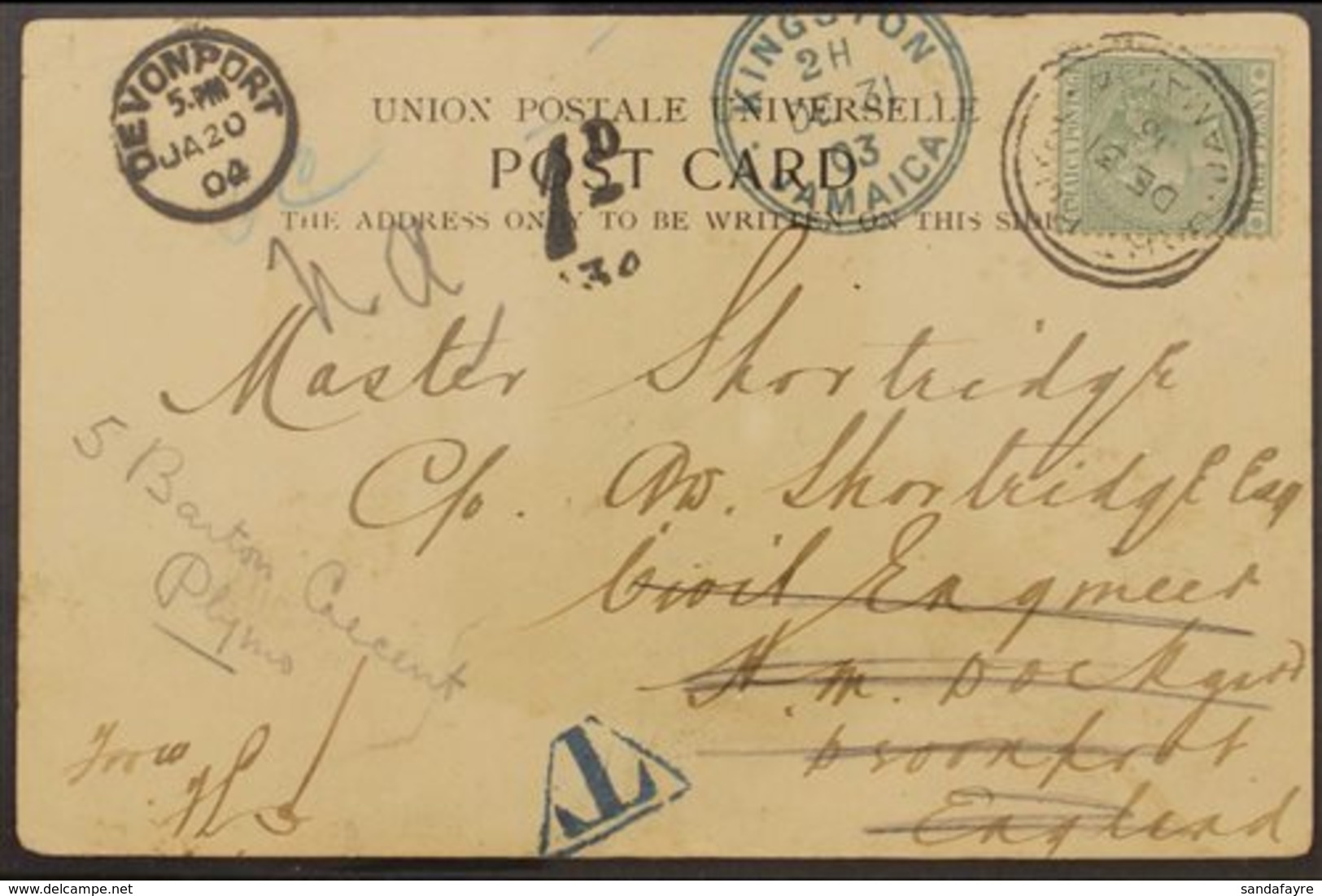 1903 (Dec 31) Redirected Picture Postcard Of 'Market Women' Addressed To England, Bearing ½d QV Stamp Tied By "Port Roya - Jamaica (...-1961)
