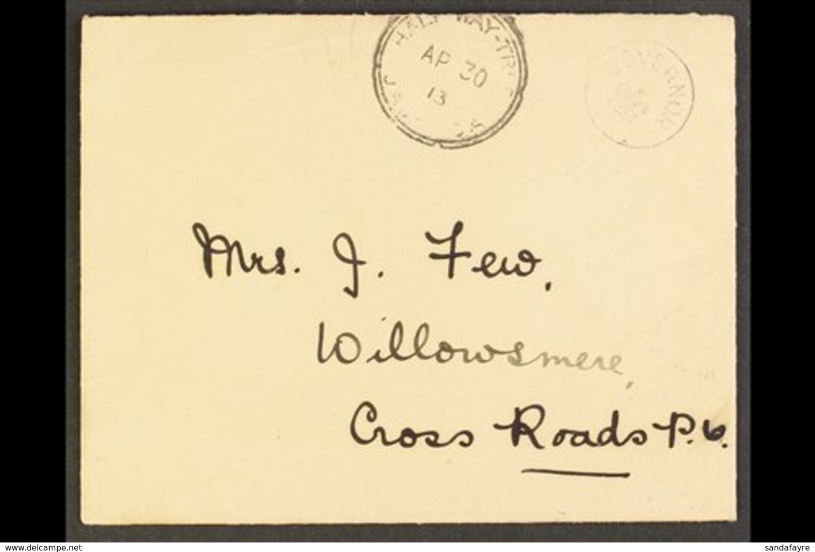 1913 RARE "GOVERNOR/CROWN" HAND STAMP ON KINGS HOUSE ENVELOPE TO CROSS ROADS (April) Neat Envelope Showing A Good Violet - Giamaica (...-1961)