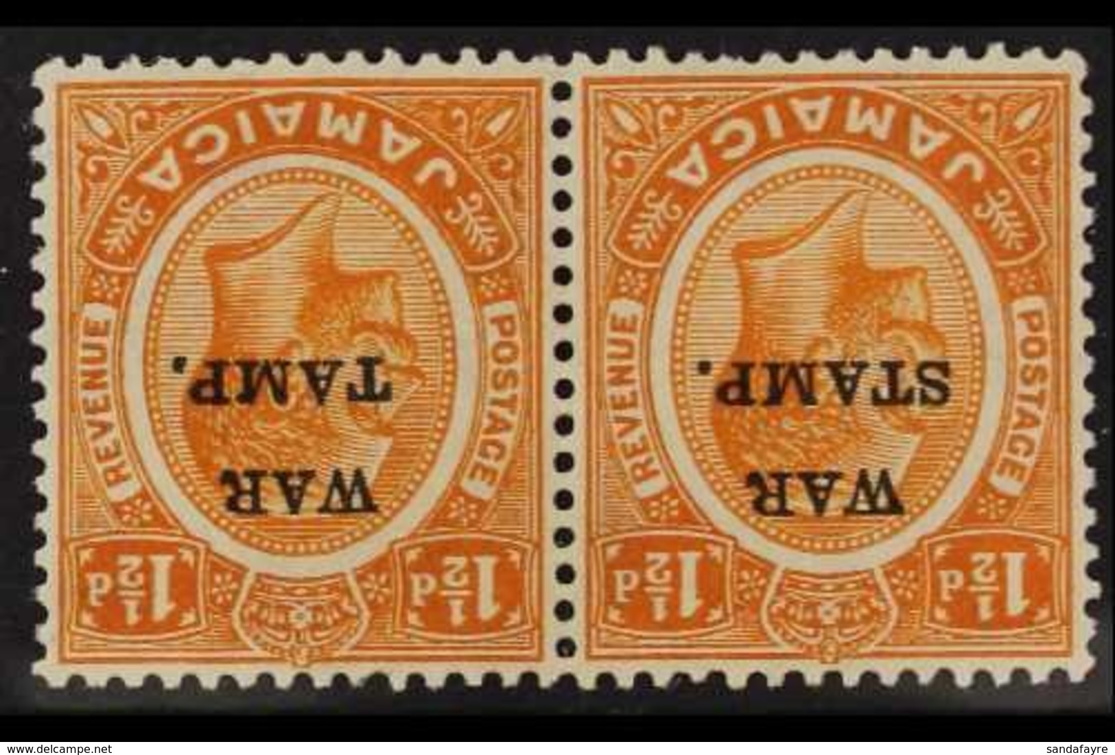 1916 1½d Orange "War Stamp" Overprint WATERMARK INVERTED Variety, SG 71w, Very Fine Mint Horizontal PAIR With One Stamp  - Jamaïque (...-1961)