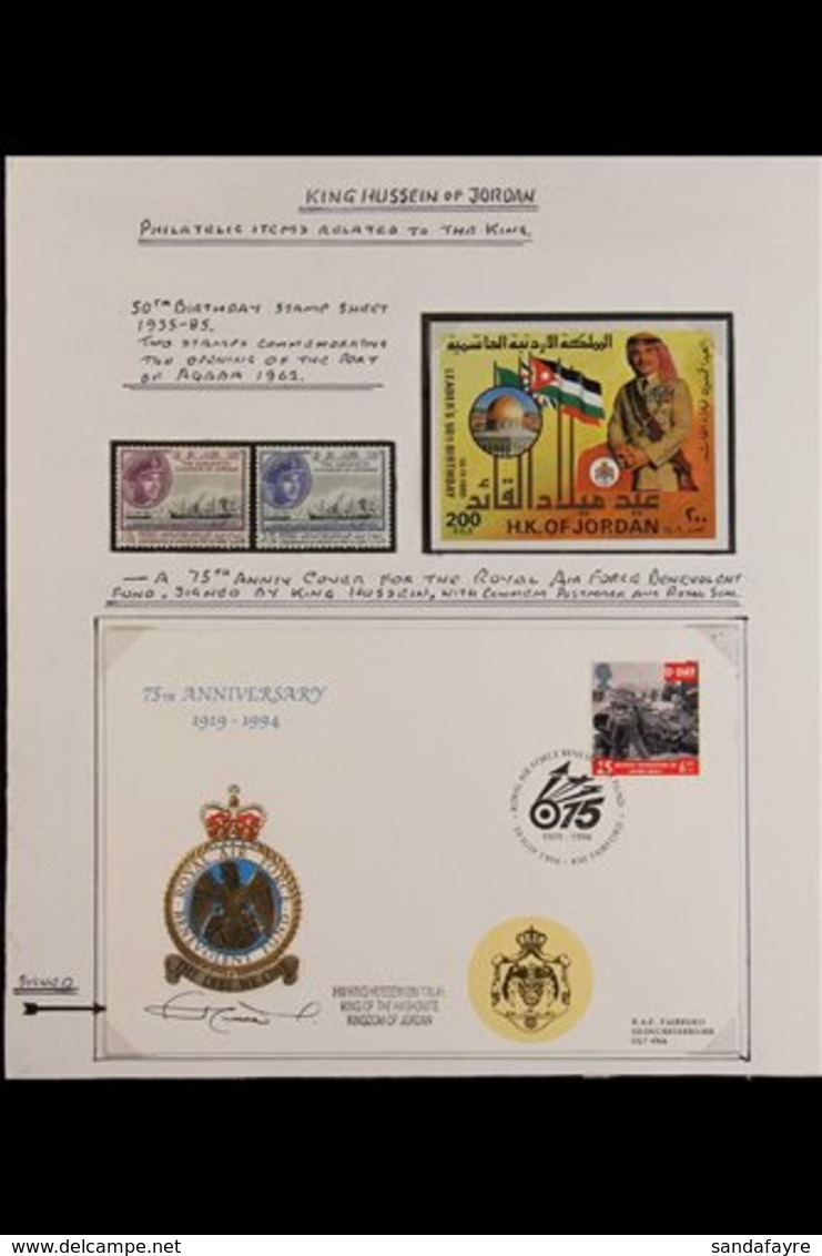 1994 KING HUSSEIN SIGNED An Exhibition Page Bearing A Couple Of Stamps, A Miniature Sheet & A 1994 Illustrated 75th Anni - Jordan