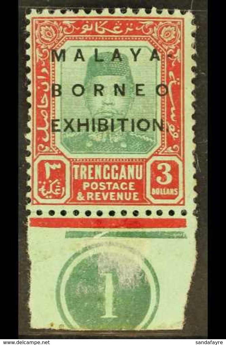 TRENGGANU 1922 MALAYA BORNEO EXHIBITION $3 Green & Red/green Control Single, SG 57, Mint, Light Margin Crease Does Not D - Sonstige & Ohne Zuordnung