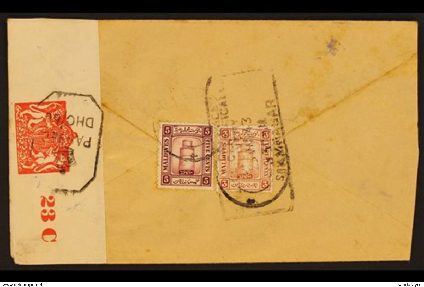 1943-5 CENSORED COVERS 3 Attractive Censored Covers Franked Minaret 3c Red Brown And 5c Purple With Censor Tape And Mark - Maldiven (...-1965)