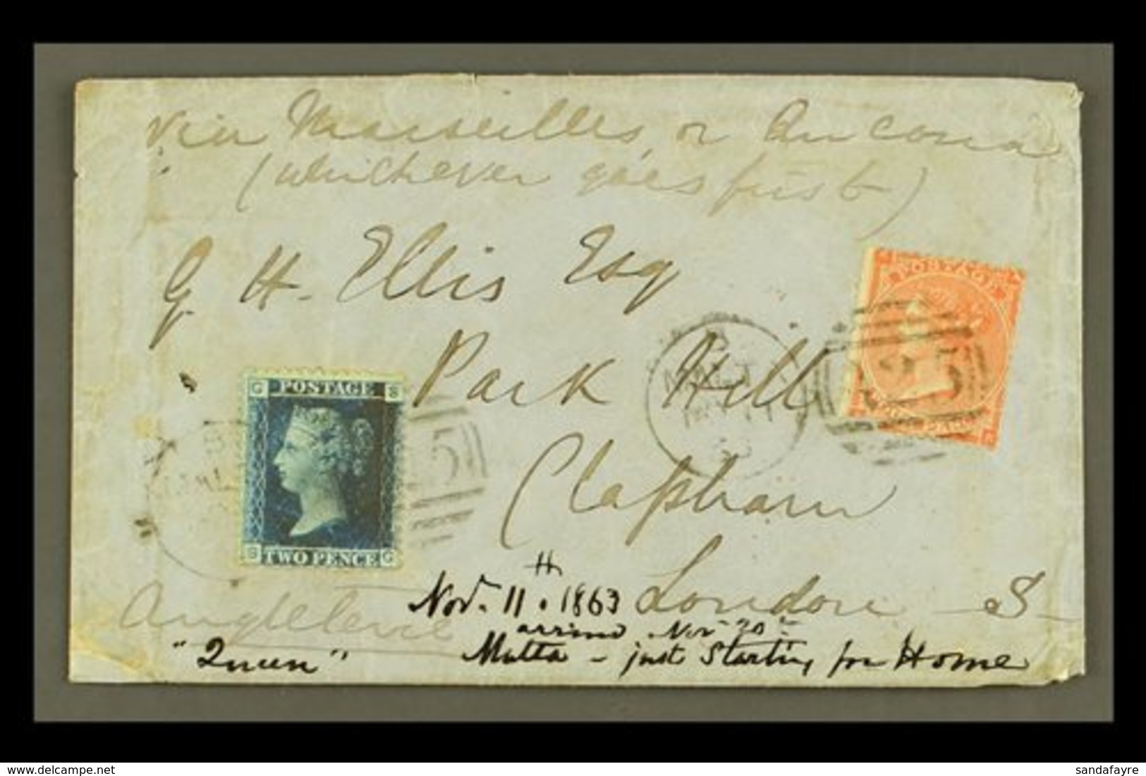 1863 COVER TO LONDON Bearing Great Britain 2d Blue, Plate 9, Plus 1862-64 4d (this With Fault), These Tied By "MALTA / A - Malta (...-1964)