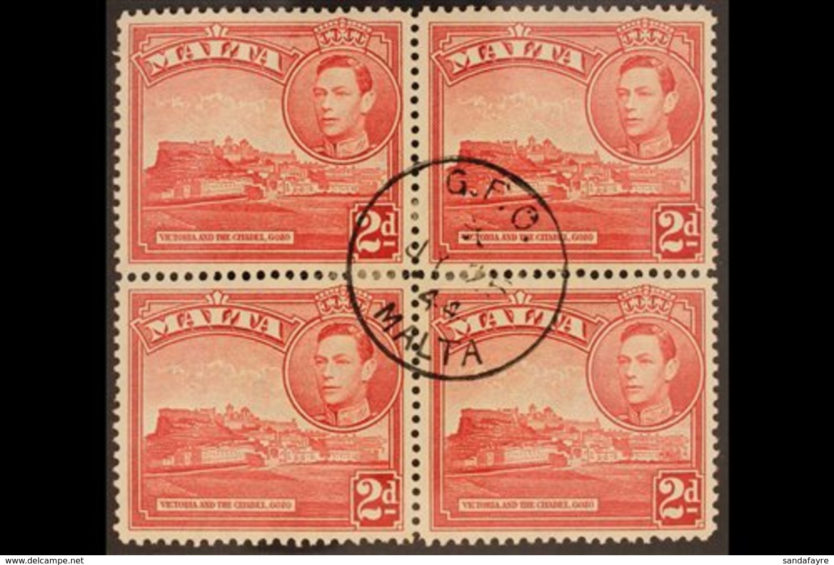 1938 2d Scarlet "Citadel", Variety "extra Windows" , SG 212ba, In Block Of 4 With Normals, Very Fine Used. For More Imag - Malta (...-1964)