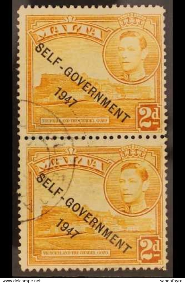 1948 2d Yellow Ochre, Self Government, Variety "Halation Flaw", SG 238ca, Fine Used In Vertical Pair With Normal. RPS Ce - Malta (...-1964)