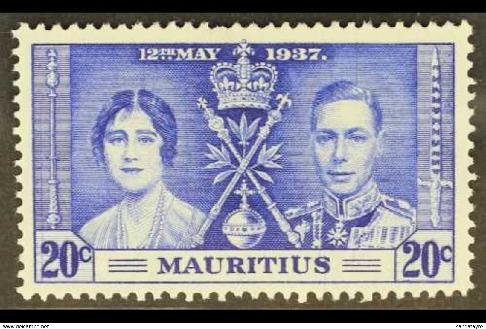 1937 20c Bright Blue, Coronation, Variety "Line By Sceptre", SG 251b, Very Fine Mint. For More Images, Please Visit Http - Mauritius (...-1967)