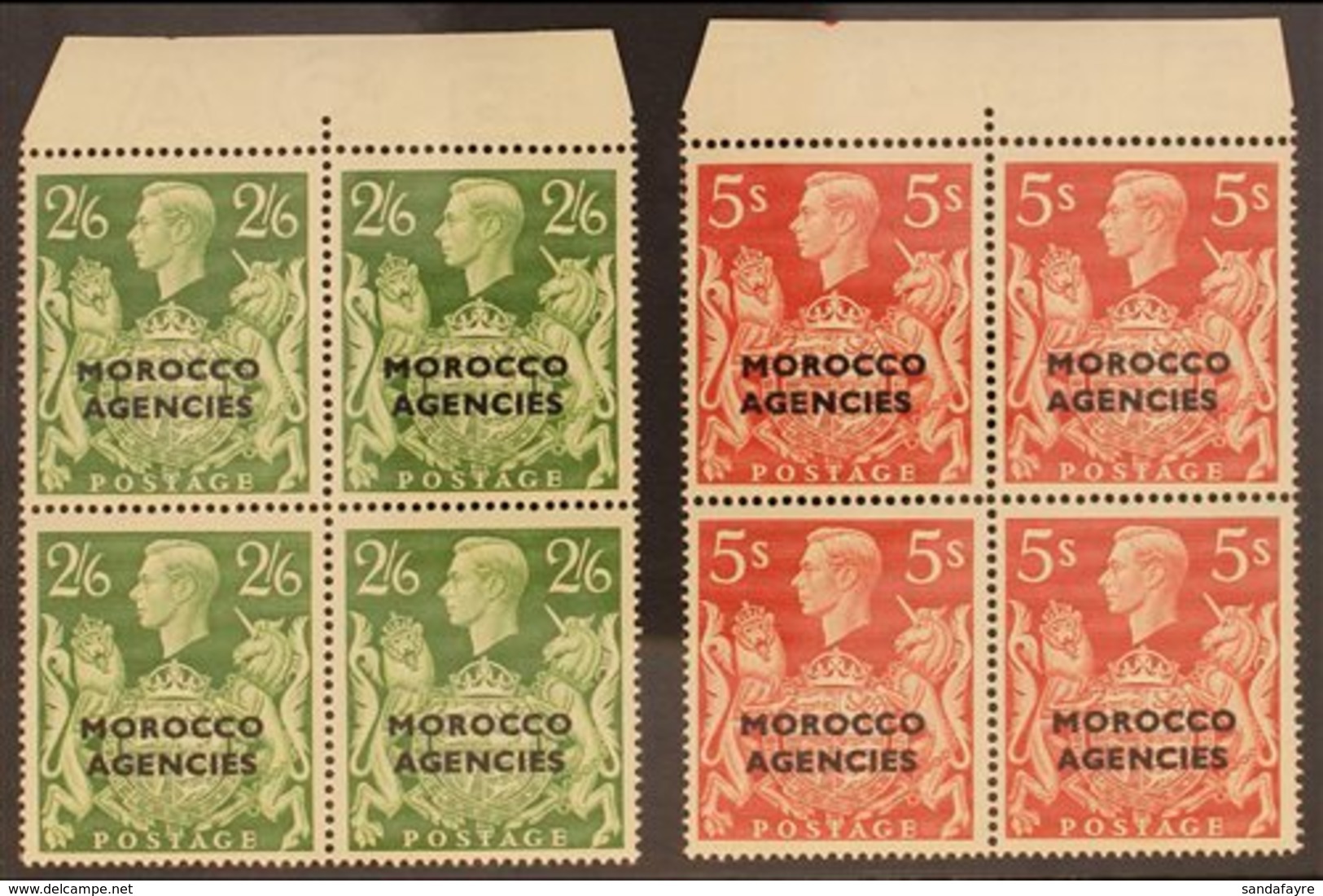 BRITISH CURRENCY 1949 2s6d Yellow-green & 5s Red, BLOCKS OF FOUR, SG 92/3, Never Hinged Mint (2 Blocks). For More Images - Andere & Zonder Classificatie