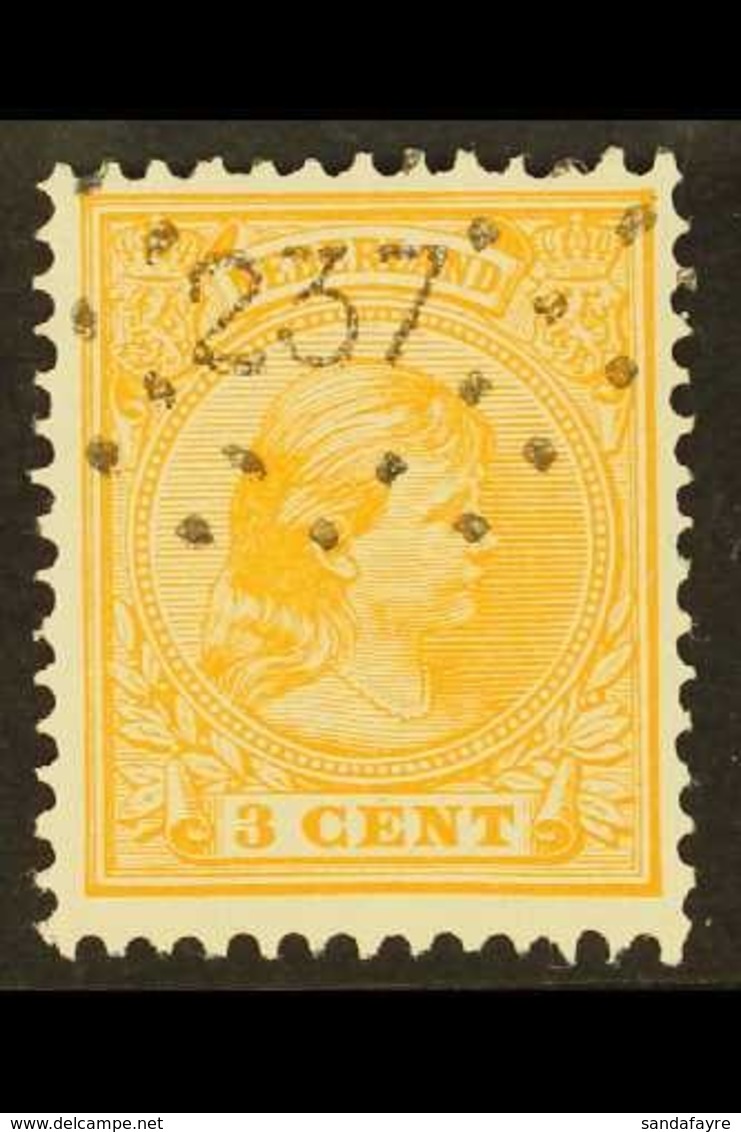 1891-94 3c Orange Queen (SG 147a, NVPH 34), Fine Used With Superb "237" (HILLEGOM) Numeral Cancel, Very Fresh, Scarce Po - Autres & Non Classés
