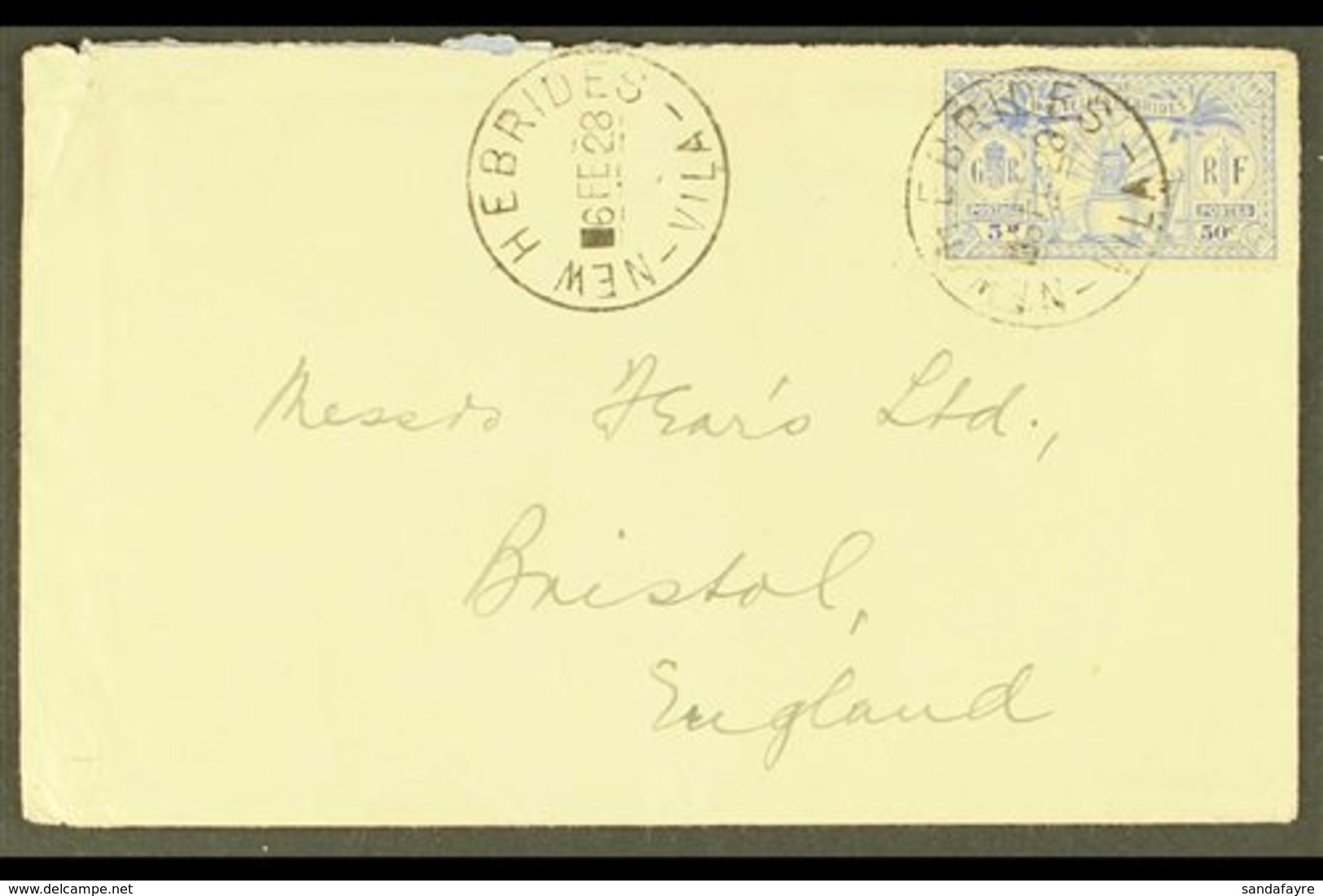 ENGLISH 1928 (Feb) Neat Commercial Cover To England, Bearing 1925 5d Ultramarine Tied By Crisp "NEW HEBRIDES VILA" Cds.  - Other & Unclassified