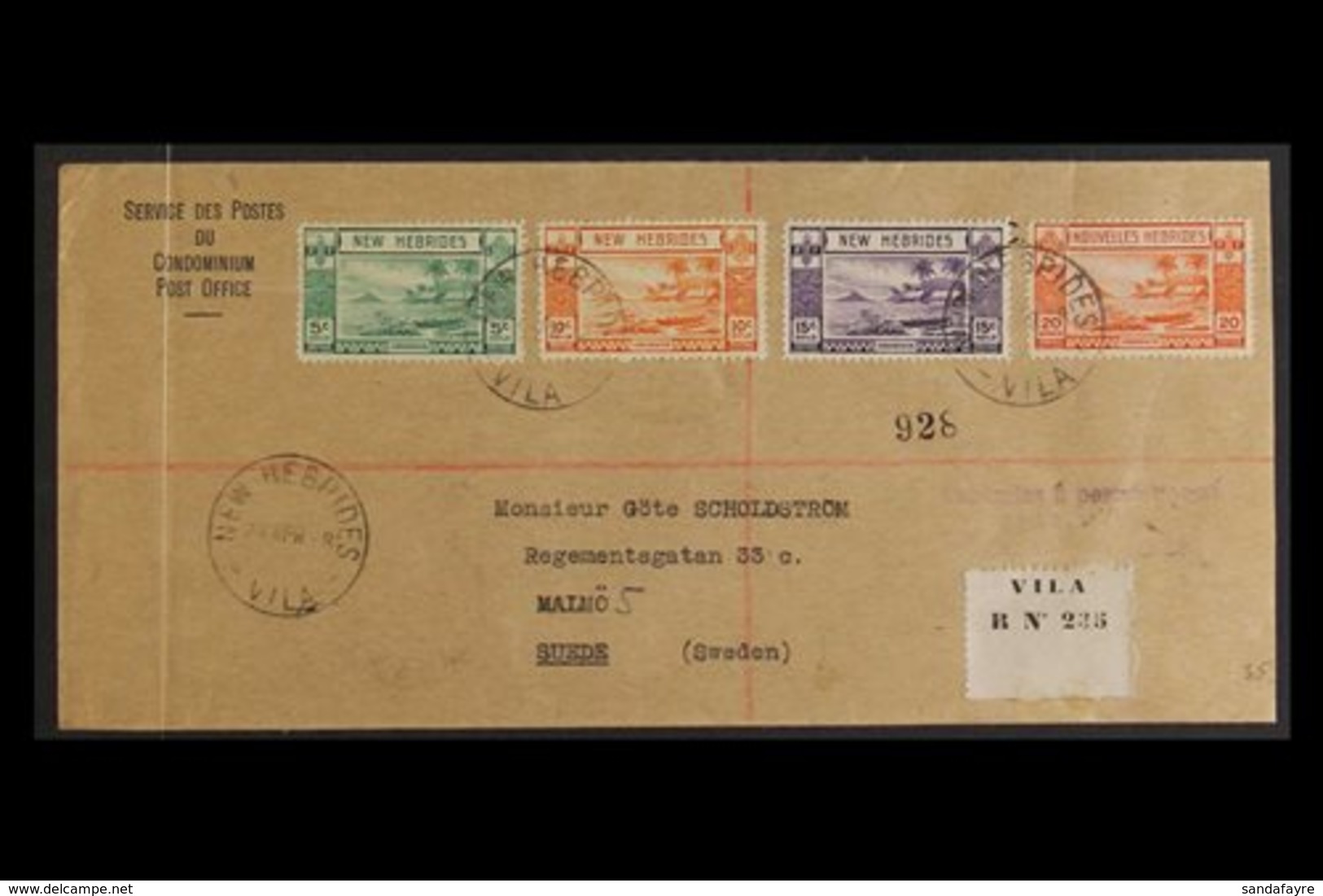 ENGLISH 1948 (April) Printed "Service Des Postes" Envelope Registered  To Sweden, Bearing 5c To 20c Tied "New Hebrides V - Sonstige & Ohne Zuordnung