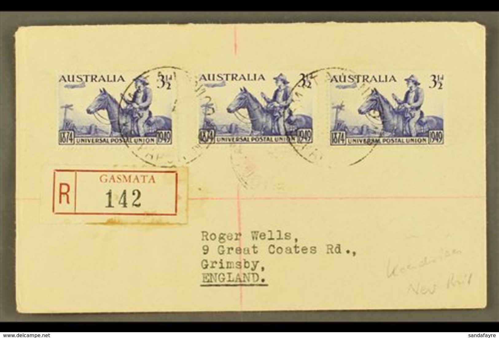 1950 (May) Neat "Roger Wells" Registered Cover To England, Bearing UPU 3½d X3, Tied GASMATA Cds's, Rabaul And Sydney Tra - Papouasie-Nouvelle-Guinée