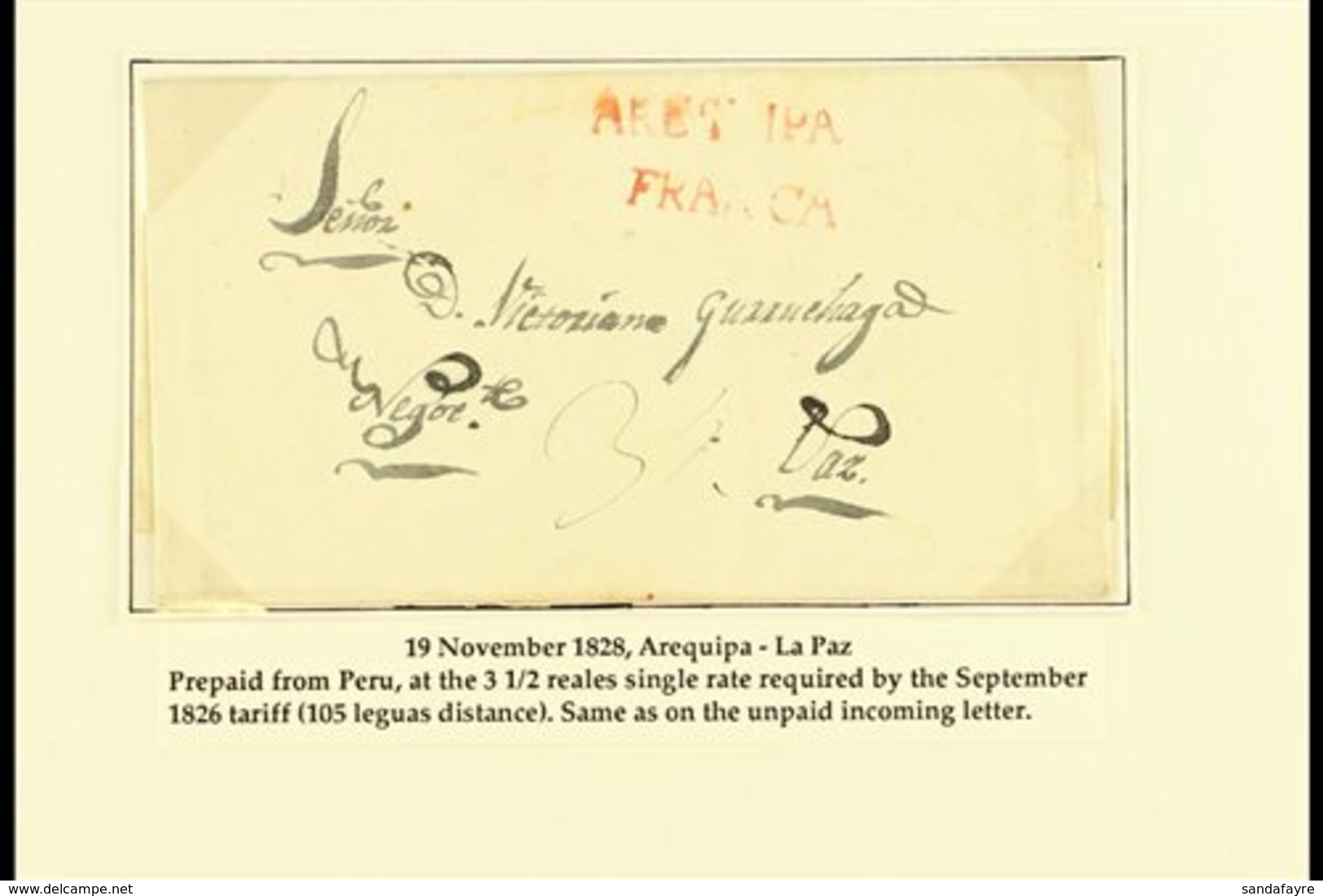 1828 ENTIRE LETTER TO BOLIVIA 1828 (19 Nov) EL From Arequipa To La Paz Showing The Peruvian Single Rate Of 3½r In Manusc - Pérou