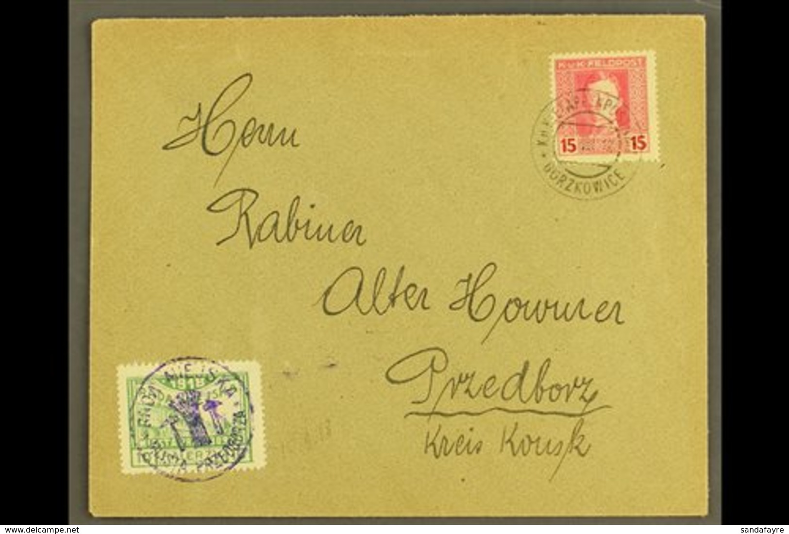 LOCAL TOWN POST PRZEDBORZ 1918 (15 Aug) Cover Bearing Austria 15h Feldpost Stamp Tied By "K.u.K. Etappenpostamt Gorzkowi - Other & Unclassified