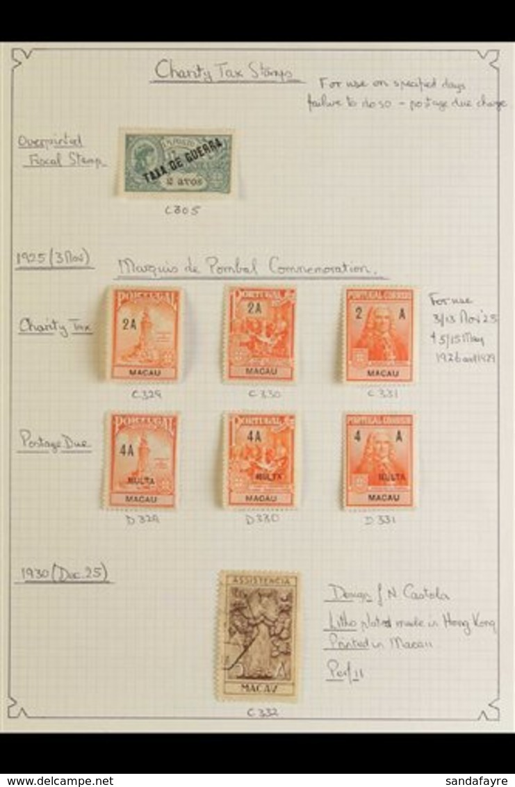 MACAU CHARITY TAX STAMPS 1919-1966 Mostly Mint/unused (no Gum As Issued) Collection On Leaves, Includes 1925 Pombal Both - Sonstige & Ohne Zuordnung