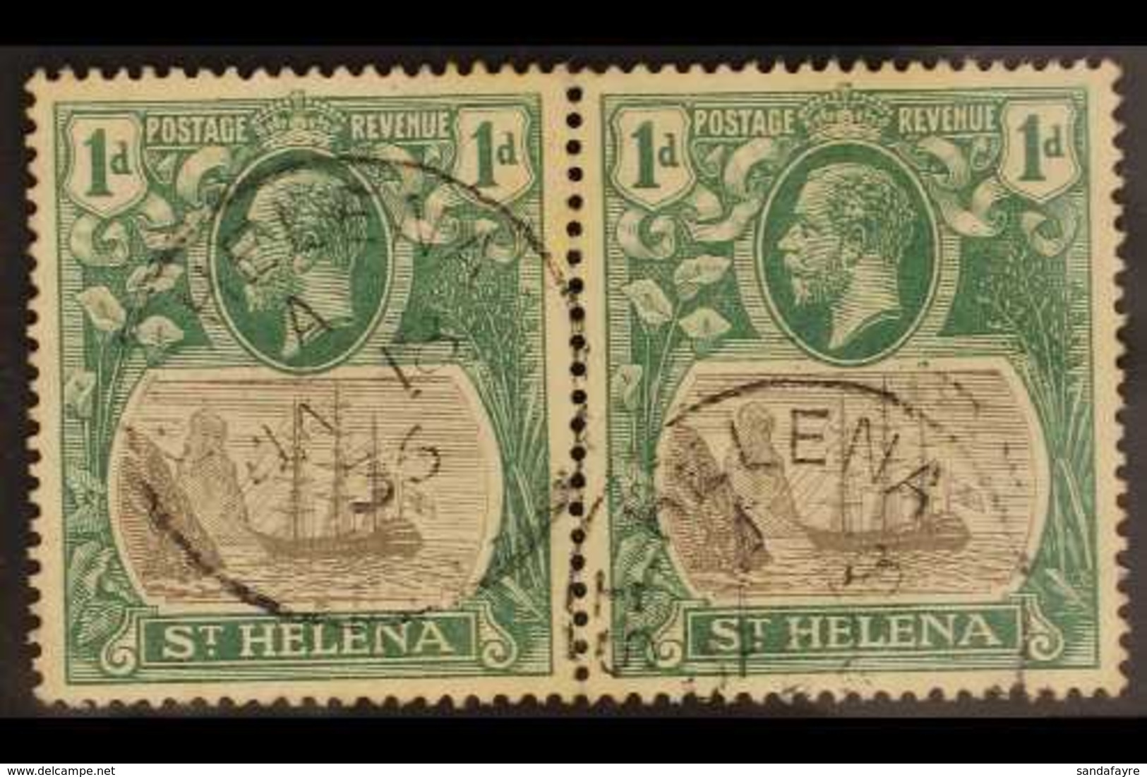 1922-37 1d Grey & Green, BROKEN MAINMAST VARIETY In Pair With Normal, SG 98a, Very Fine Used. For More Images, Please Vi - Sint-Helena