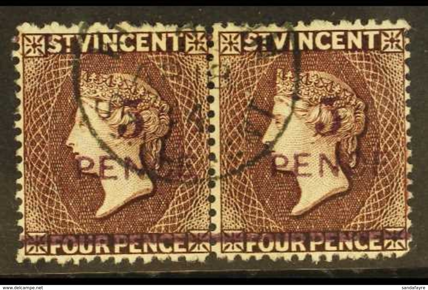 1892 5d On 4d Chocolate, SG 59, Superb Used Horizontal Pair With Central Cds Cancel. For More Images, Please Visit Http: - St.Vincent (...-1979)