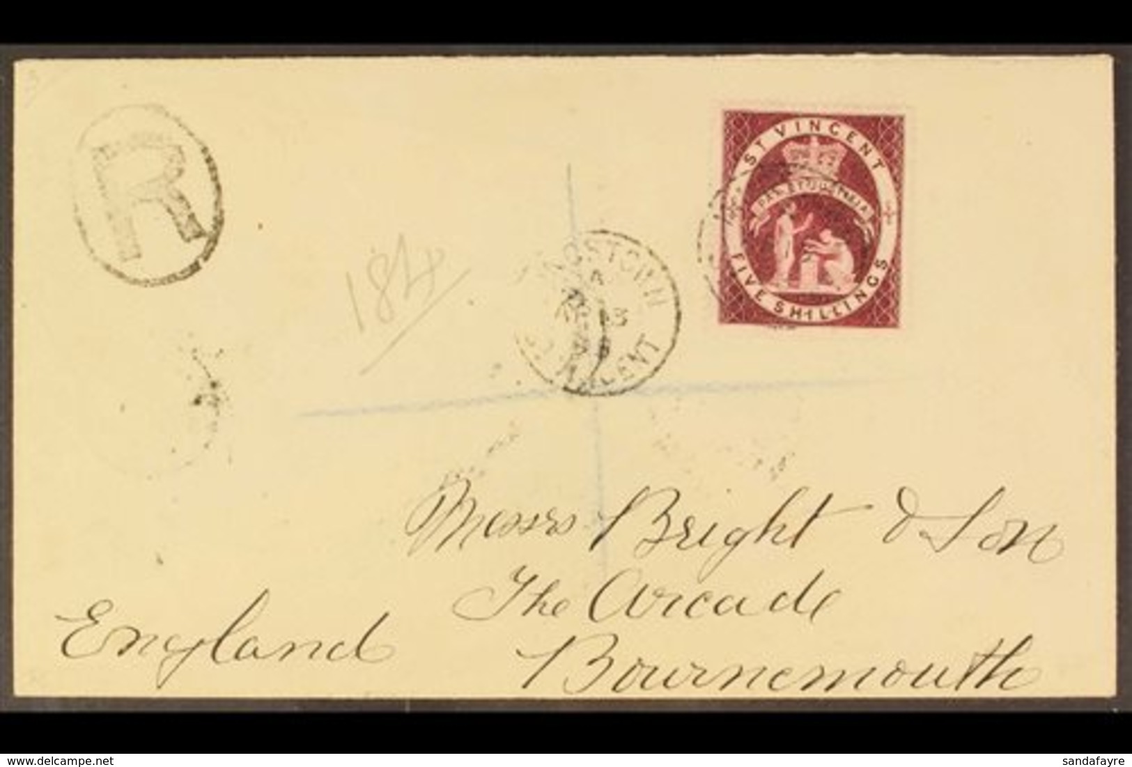 1895 (13 Apr) Env Registered To England Bearing An 1888 5s Lake (SG 53) Tied Kingston Cds With Another Strike Alongside, - St.Vincent (...-1979)