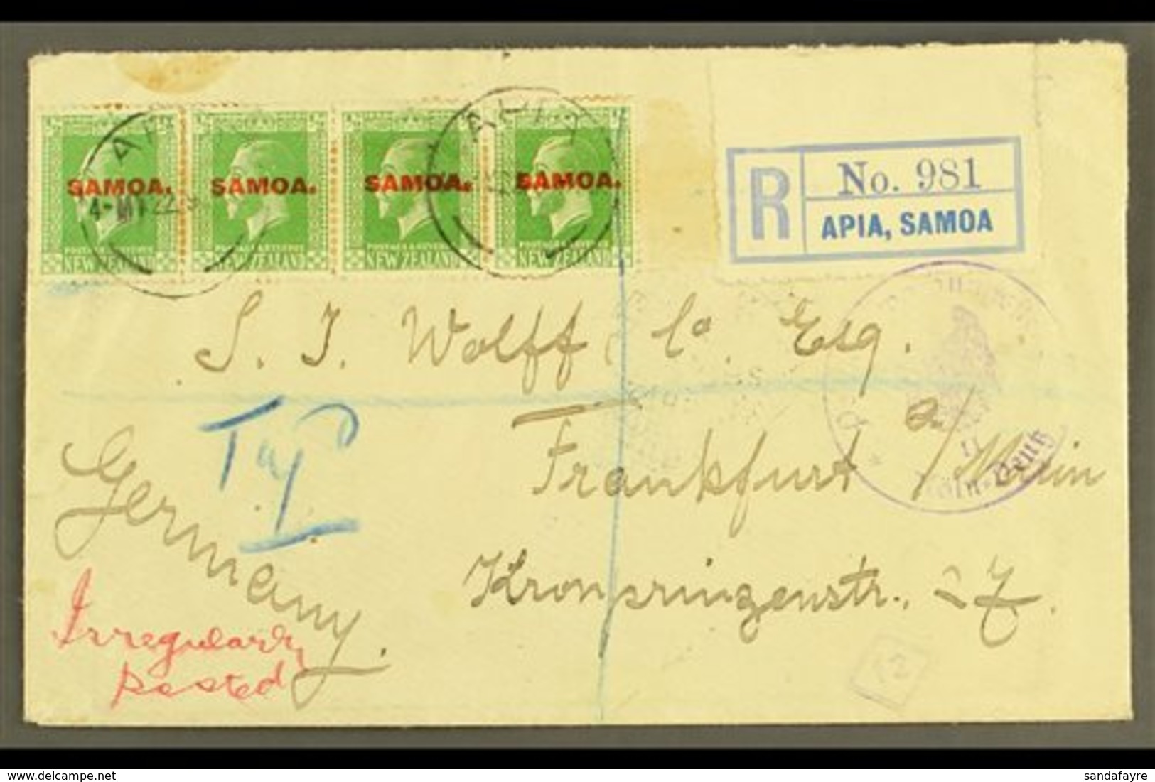 1922 (4 May) Registered Cover To Germany Bearing KGV ½d Strip Of Four, Tied By Apia Cds's; Endorsed "Irregularly Posted" - Samoa