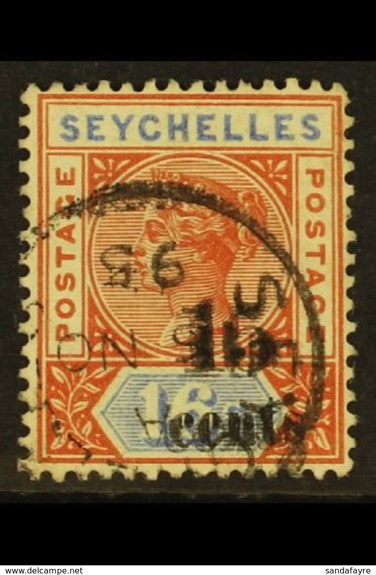 1893 15c On 16c (Die II), Surcharge Double, SG 19b, Fine Cds Used.  For More Images, Please Visit Http://www.sandafayre. - Seychelles (...-1976)