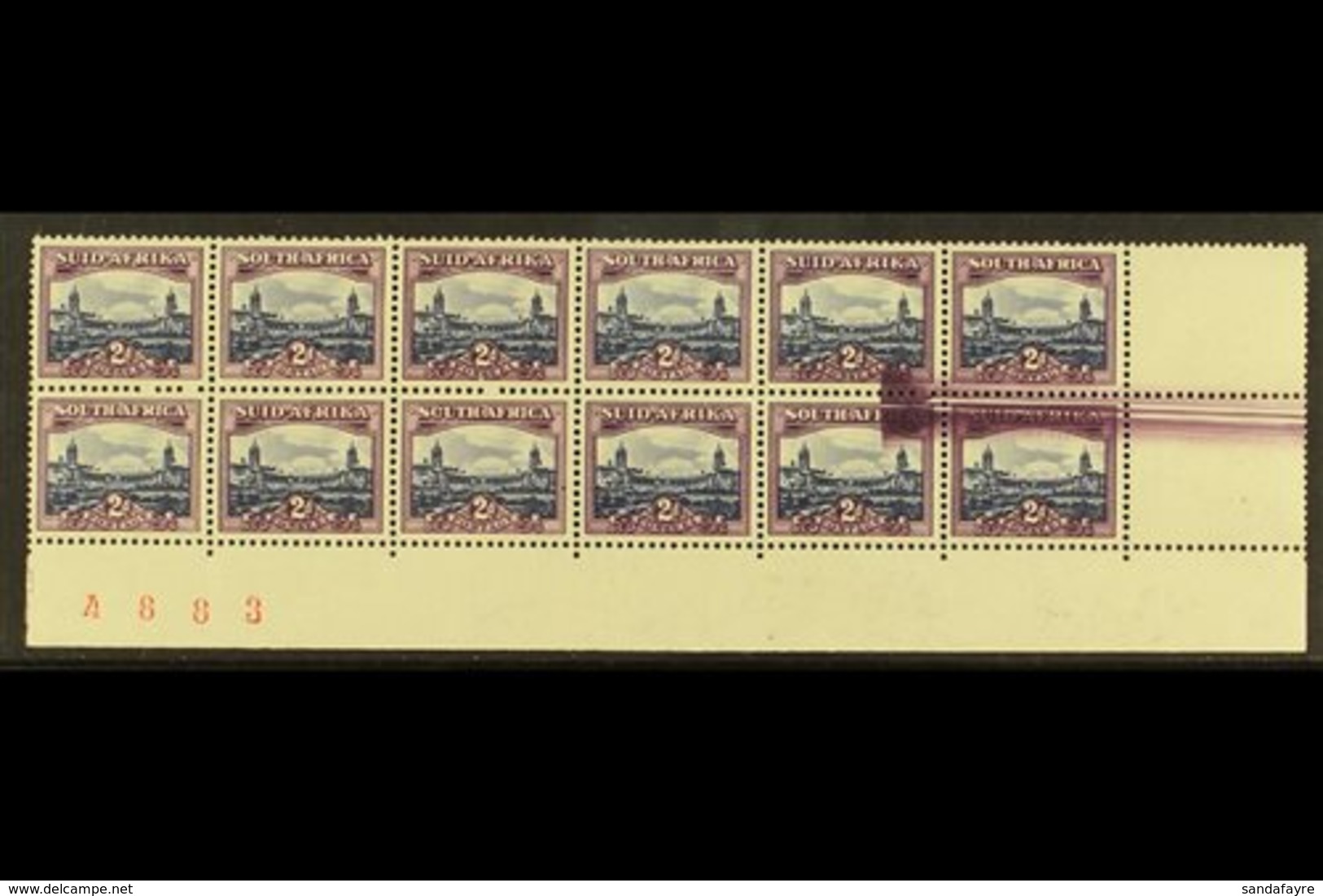 UNION VARIETY 1950-1 2d Blue & Violet, Ex Cylinder 18/30, Issue 15, Corner Marginal Block Of 12 With LARGE SCREEN FLAW A - Non Classés