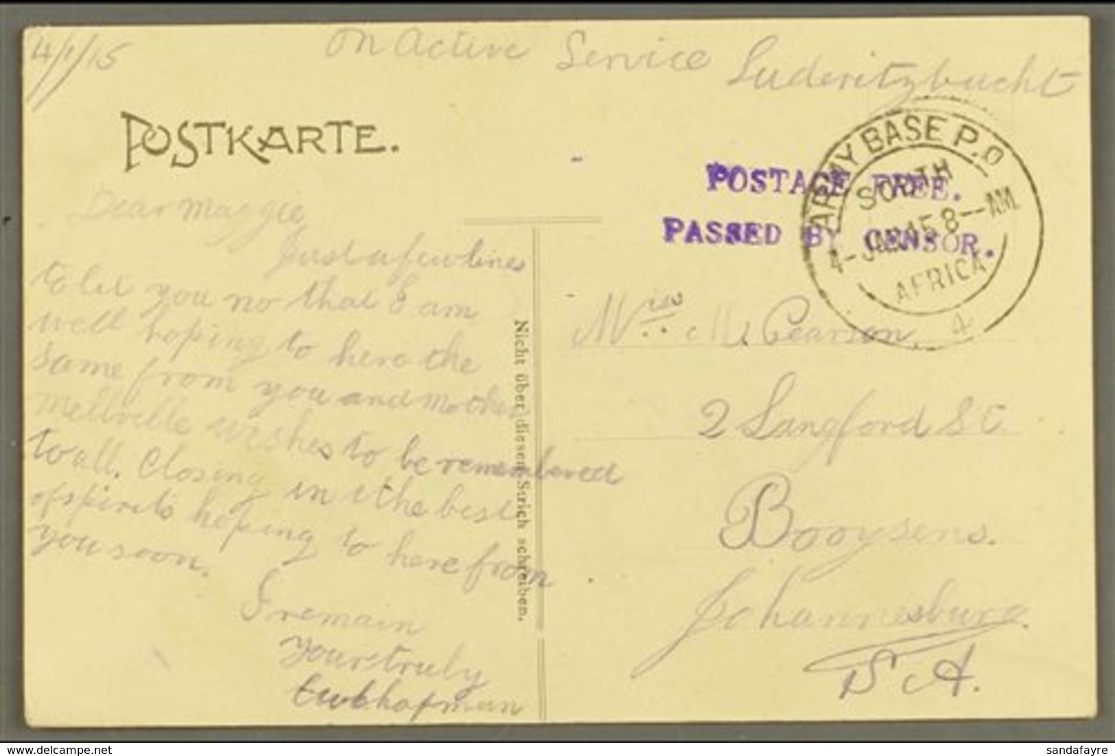 1915 (4 Jan) Stampless Postcard (of Railway Construction Gang) Hand Endorsed "On Active Service Luderitzbuch" Sent To Jo - South West Africa (1923-1990)