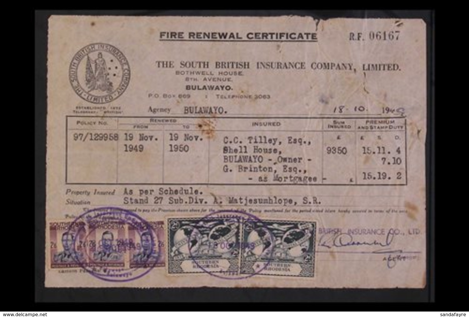 REVENUE DOCUMENT 1949 FIRE RENEWAL CERTIFICATE Bearing 2s6d KGVI (x3) & 2d UPU (x2) Stamps Tied By Violet Oval "Bulawayo - Zuid-Rhodesië (...-1964)