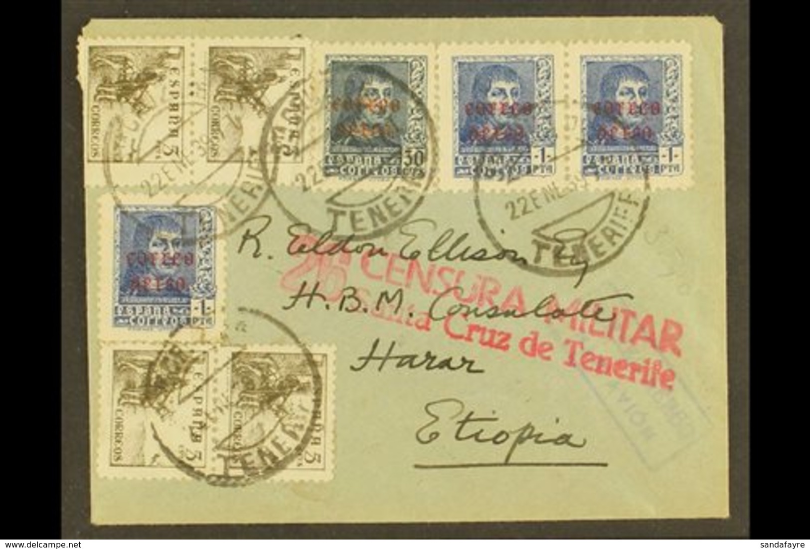 1939 SCARCE CIVIL WAR DESTINATION 1939 Cover Franked 3p 70, Sent From Tenerife To HBM Consulate, Harar, Ethiopia, With A - Andere & Zonder Classificatie