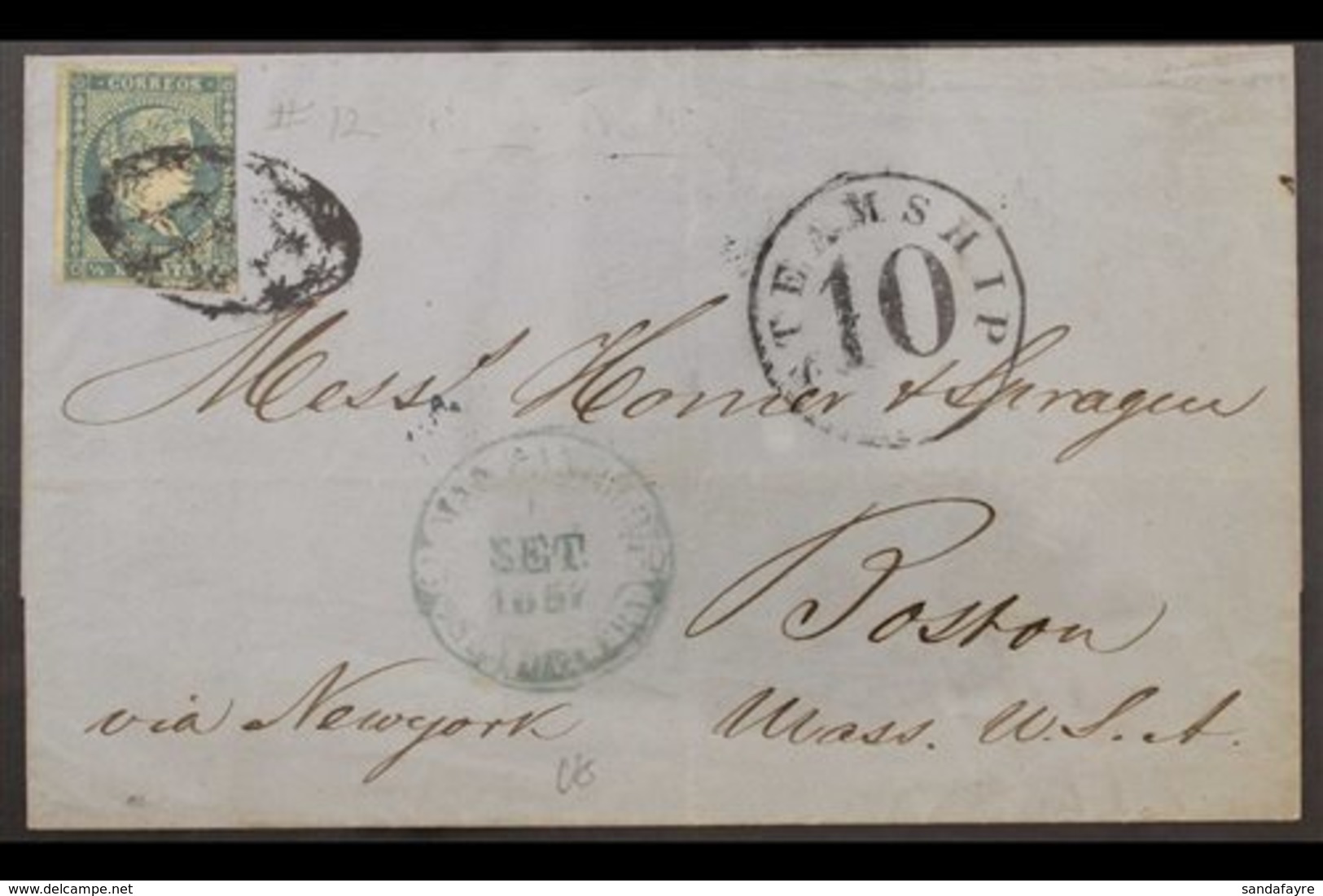 CUBA 1857 (Sep) Entire Addressed To Boston (USA), Bearing 1856 ½r Blue-green Stamp (3 Margins) Tied By Oval Cancel, Plus - Andere & Zonder Classificatie