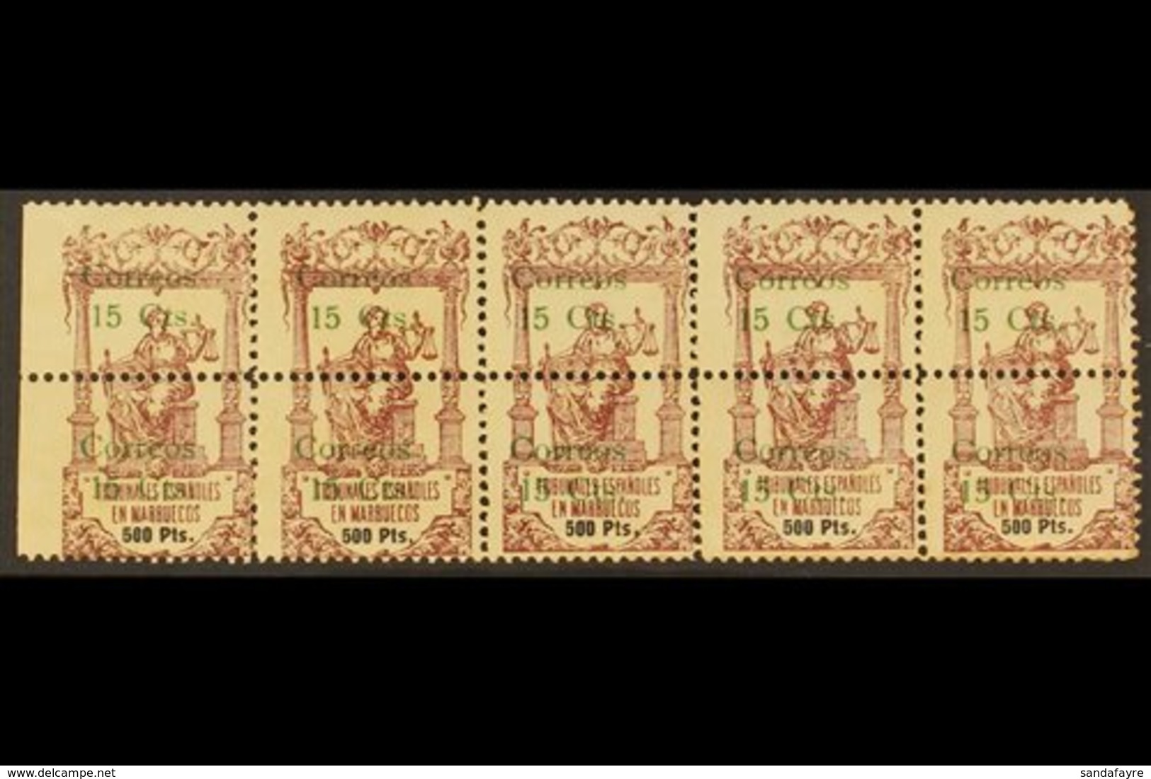 MOROCCO 1920 15c On 500p Fiscal Bisects Strip Of 5 Pairs, Ed 73, SG 98, Toned Paper, Never Hinged Mint (5 Pairs) For Mor - Autres & Non Classés