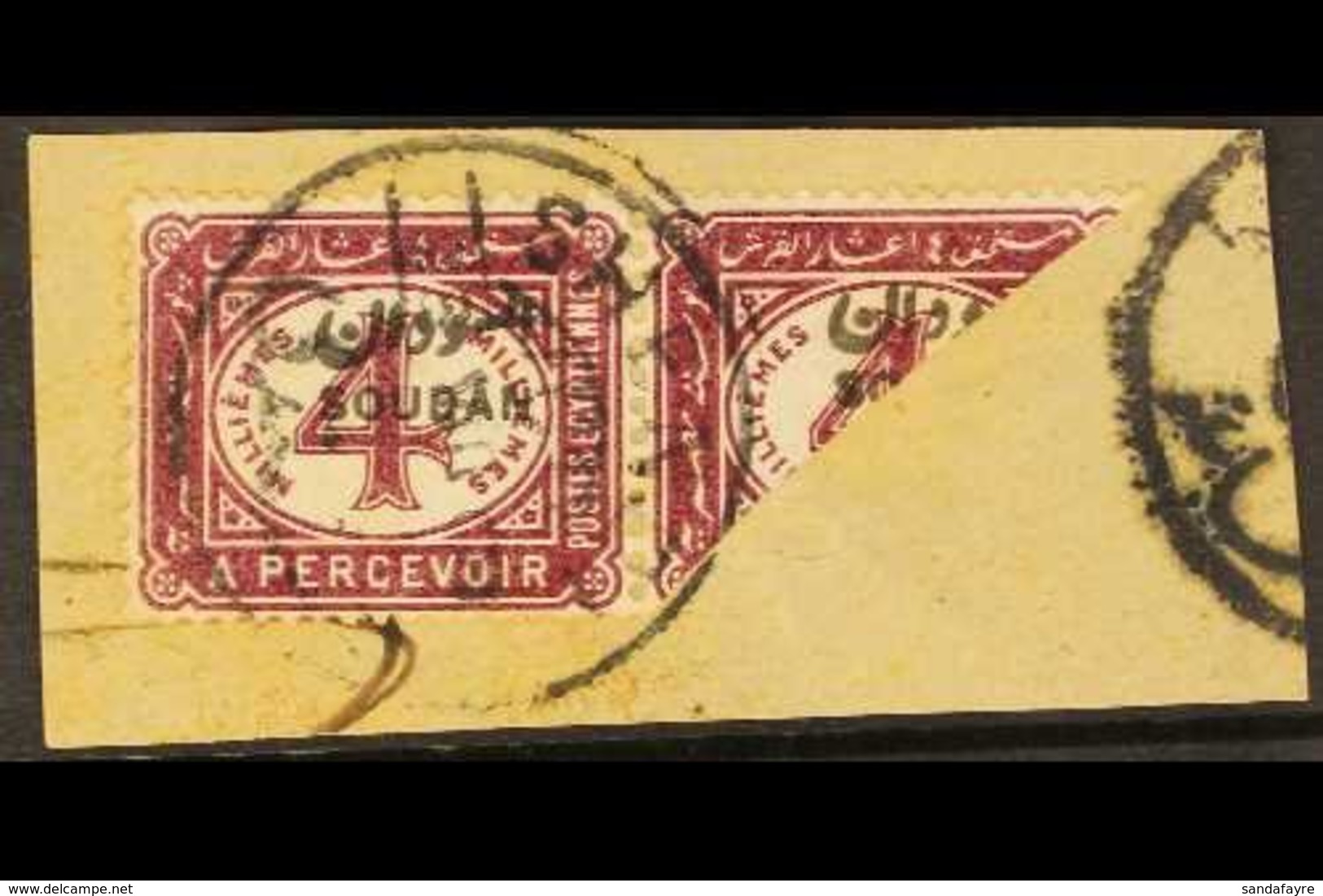 POSTAGE DUE 1897 4m Maroon BISECTED On Piece, SG D2a, Tied Shendi Cds Of 28/11/01. Very Scarce. For More Images, Please  - Sudan (...-1951)