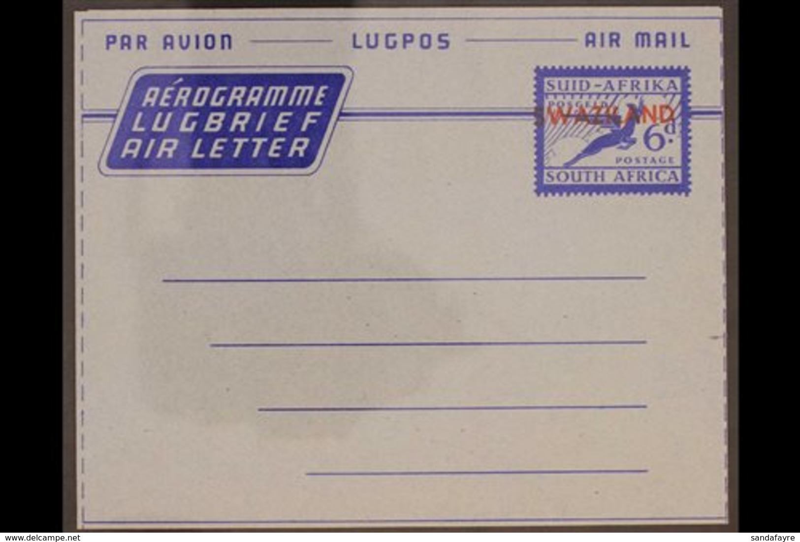 1955 RARE AIR LETTER. The Seldom Seen 6d Ultramarine On Light Blue, Inscribed "POSGELD" Instead Of "POSSEEL," Very Fine  - Swaziland (...-1967)