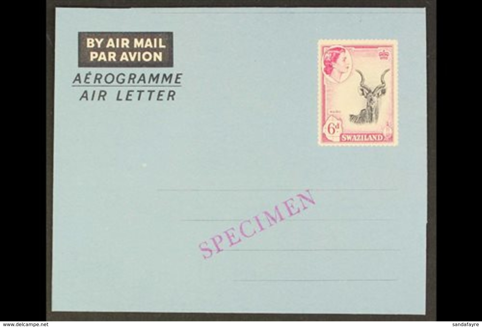 1956 6d Red-violet & Black (Kudu) Air Letter With "SPECIMEN" Overprint In Violet (H&G 17, Kessler 20s), Very Fine Unused - Swasiland (...-1967)