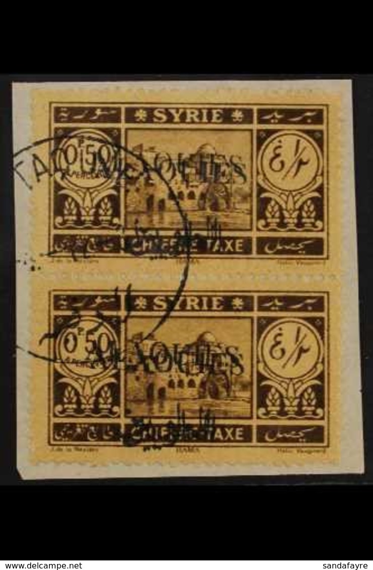 ALAOUITES 1944 50c Brown On Yellow, Variety "overprint Double", SG D44 Var,  Vertical Pair Superb Used On Piece. For Mor - Syrien