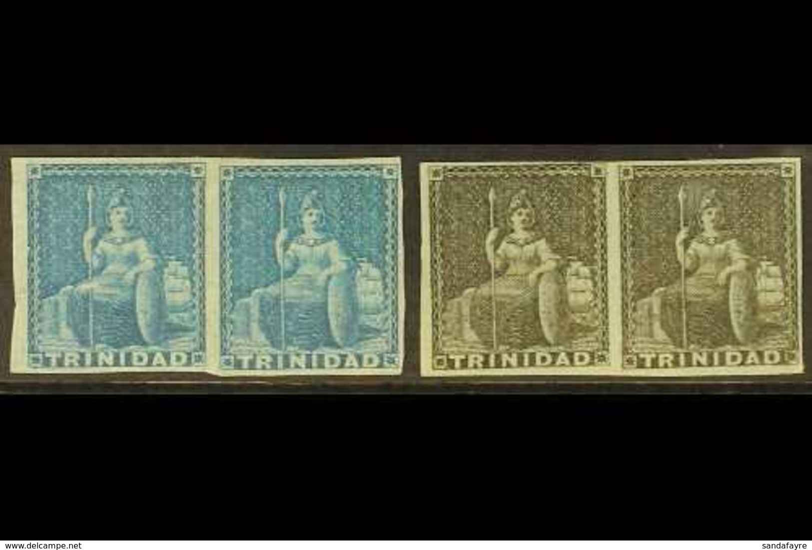 1851-55 (1d) Blue And (1d) Grey Britannia Issue On Blued Paper, SG 3 & 5, Horizontal Pairs With Four Margins, Fine Mint. - Trinidad & Tobago (...-1961)