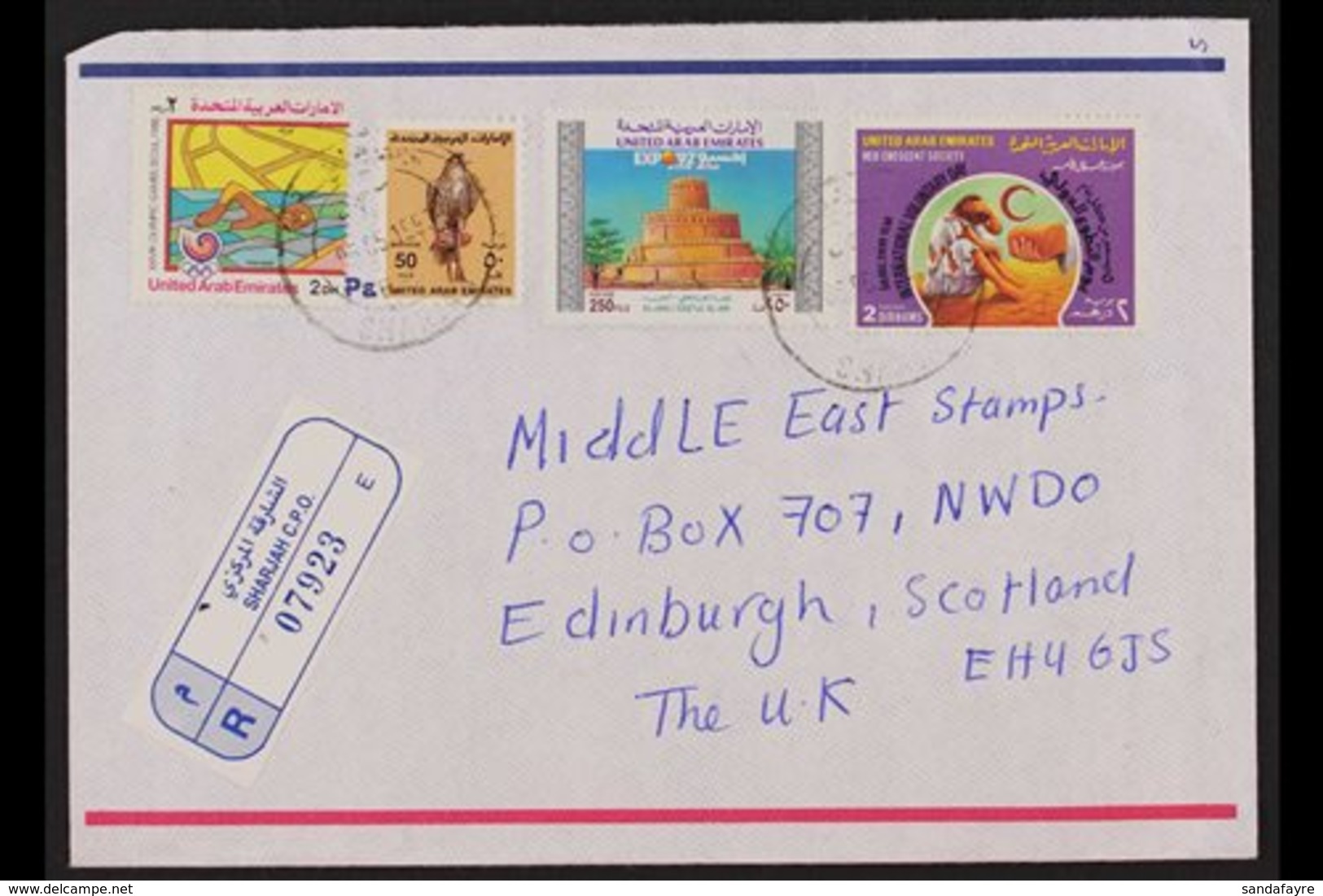 1992 250f. Expo '92, SG 374, On Commercial Registered Cover With Three Other Stamps, Sharjah To Scotland, Very Scarce On - Sonstige & Ohne Zuordnung