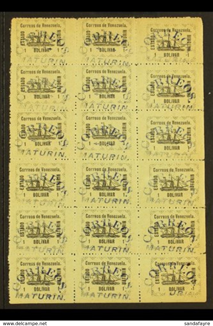 MATURIN LOCAL ISSUE 1903 1b Black On Grey Ship, Michel 38, Never Hinged Mint BLOCK Of 18 (3x6) With "Correos Maturin" Co - Venezuela