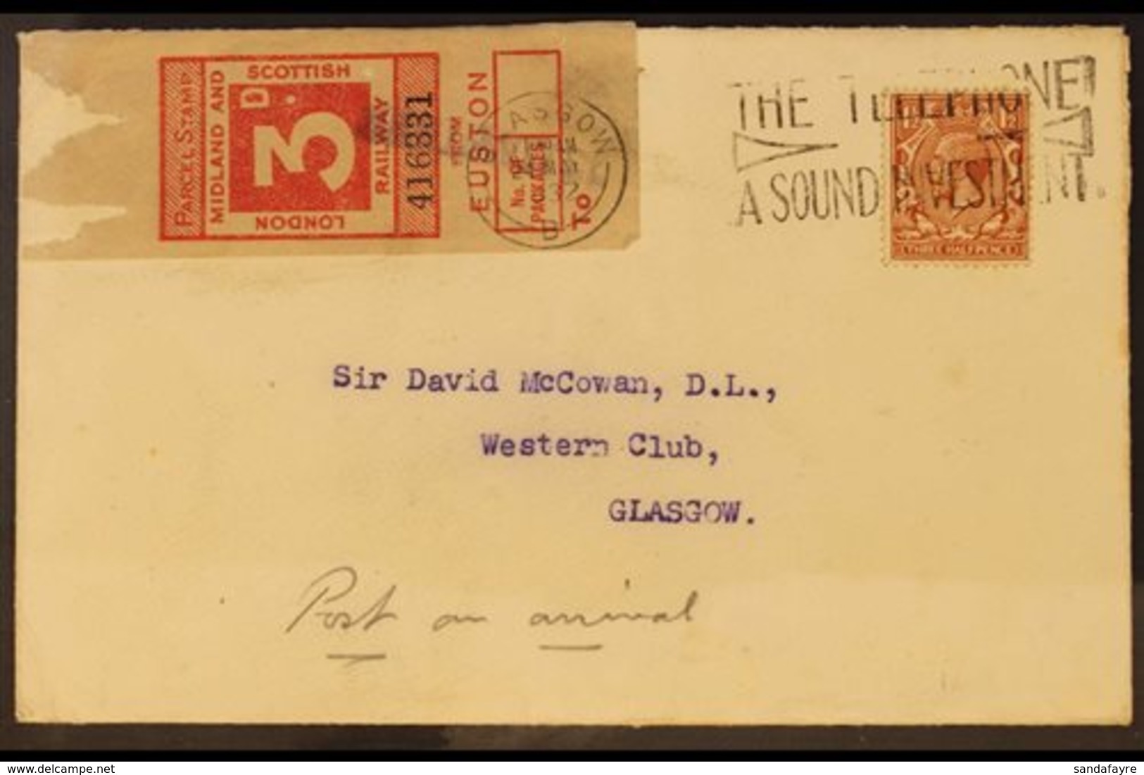 1932 (24 May) Cover Bearing KGV 1½d Red-brown Plus "LONDON, MIDLAND AND SCOTTISH RAILWAY" 3d Red Parcel Stamp, Tied By G - Autres & Non Classés