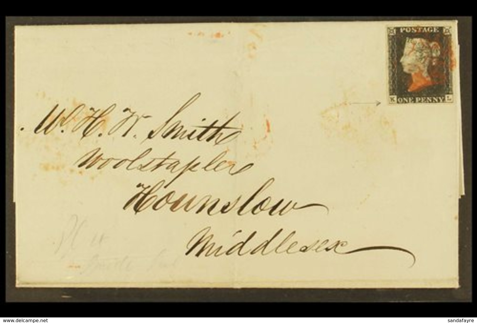 1840 (25 Aug) EL From Rochdale To Houndslow Bearing 1d Black 'KL' (plate 4) With 4 Good Margins Tied Slightly Smudgy Red - Unclassified